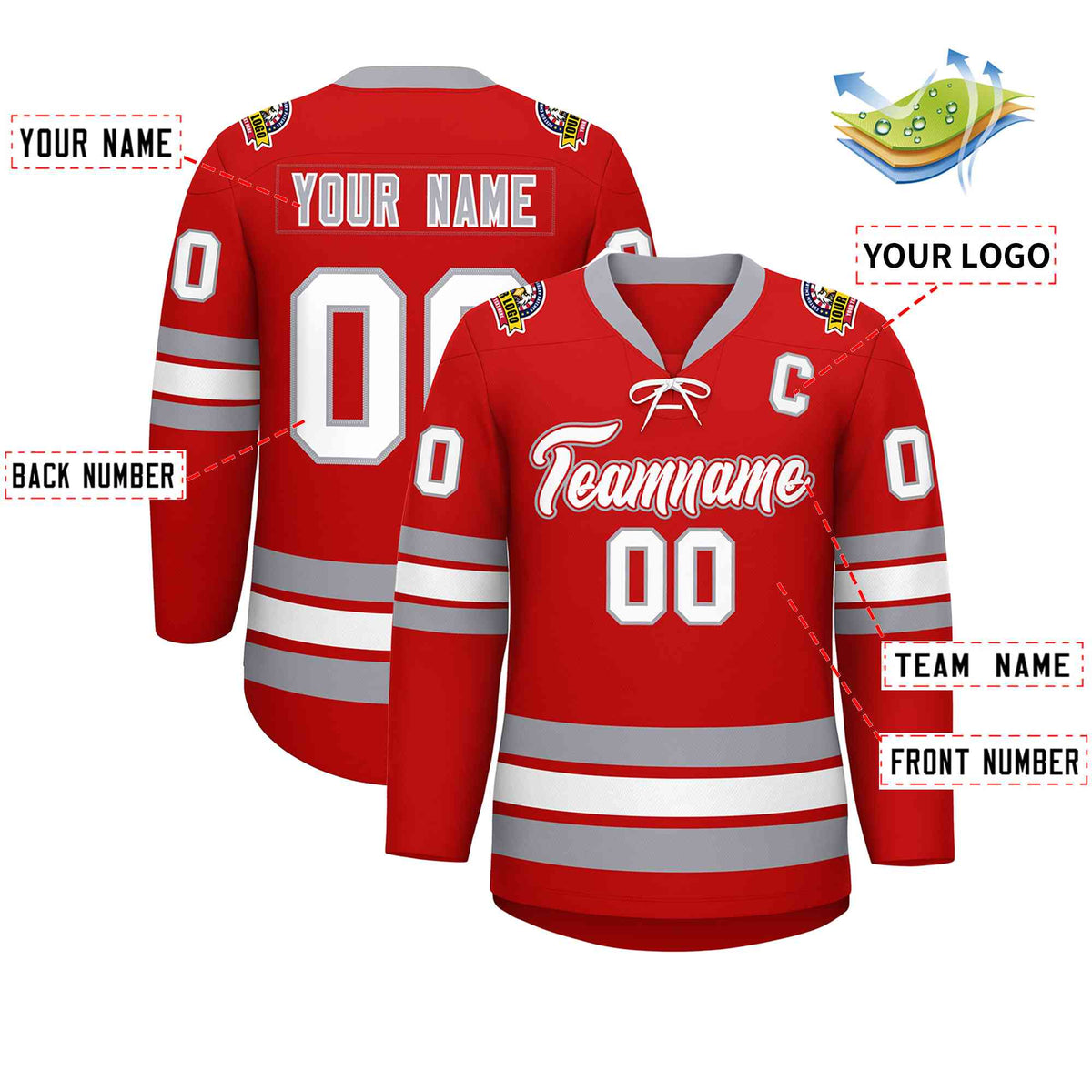 Custom Red White-Gray Lace-Up Neck Hockey Jersey | KXKSHOP