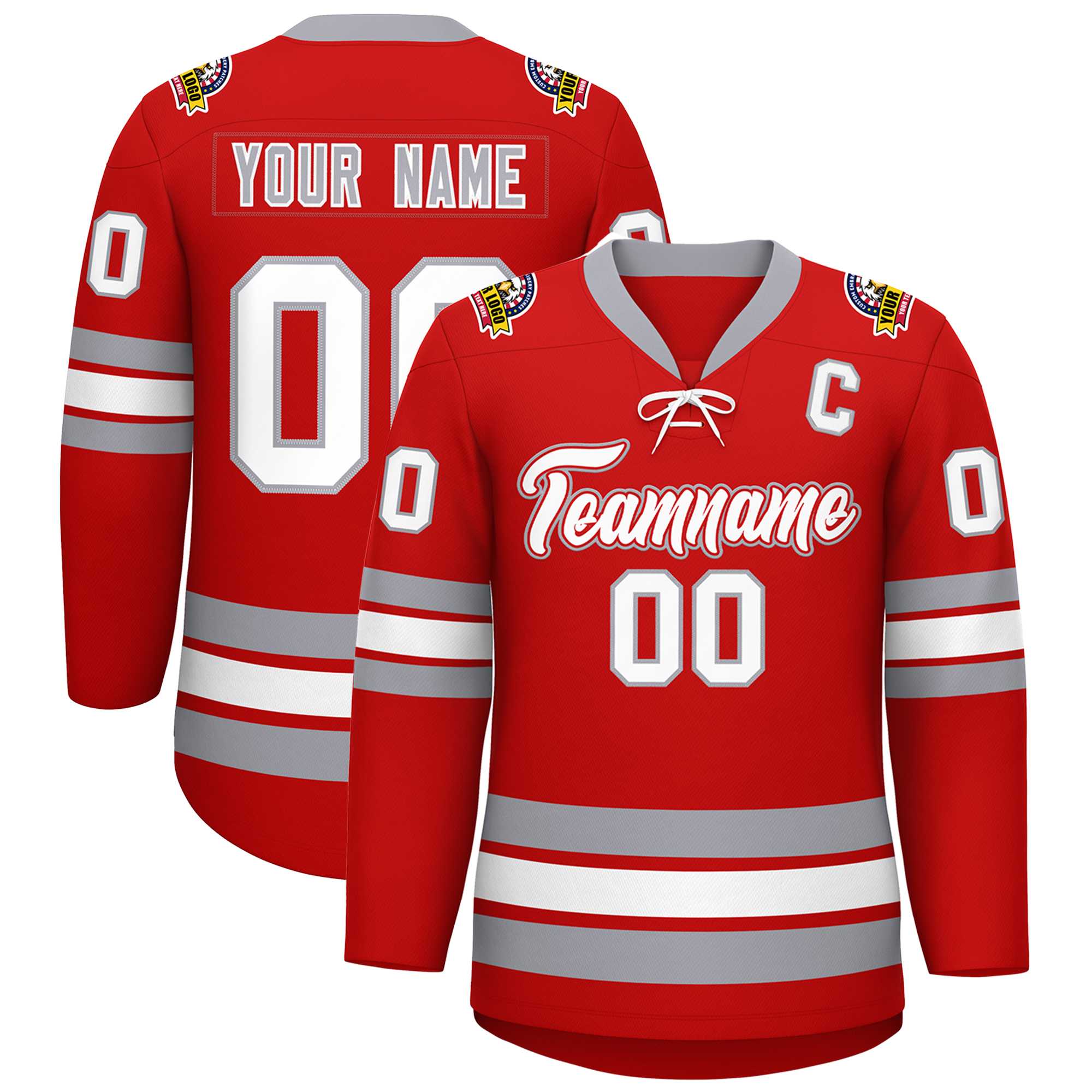 Custom Red White-Gray Lace-Up Neck Hockey Jersey | KXKSHOP