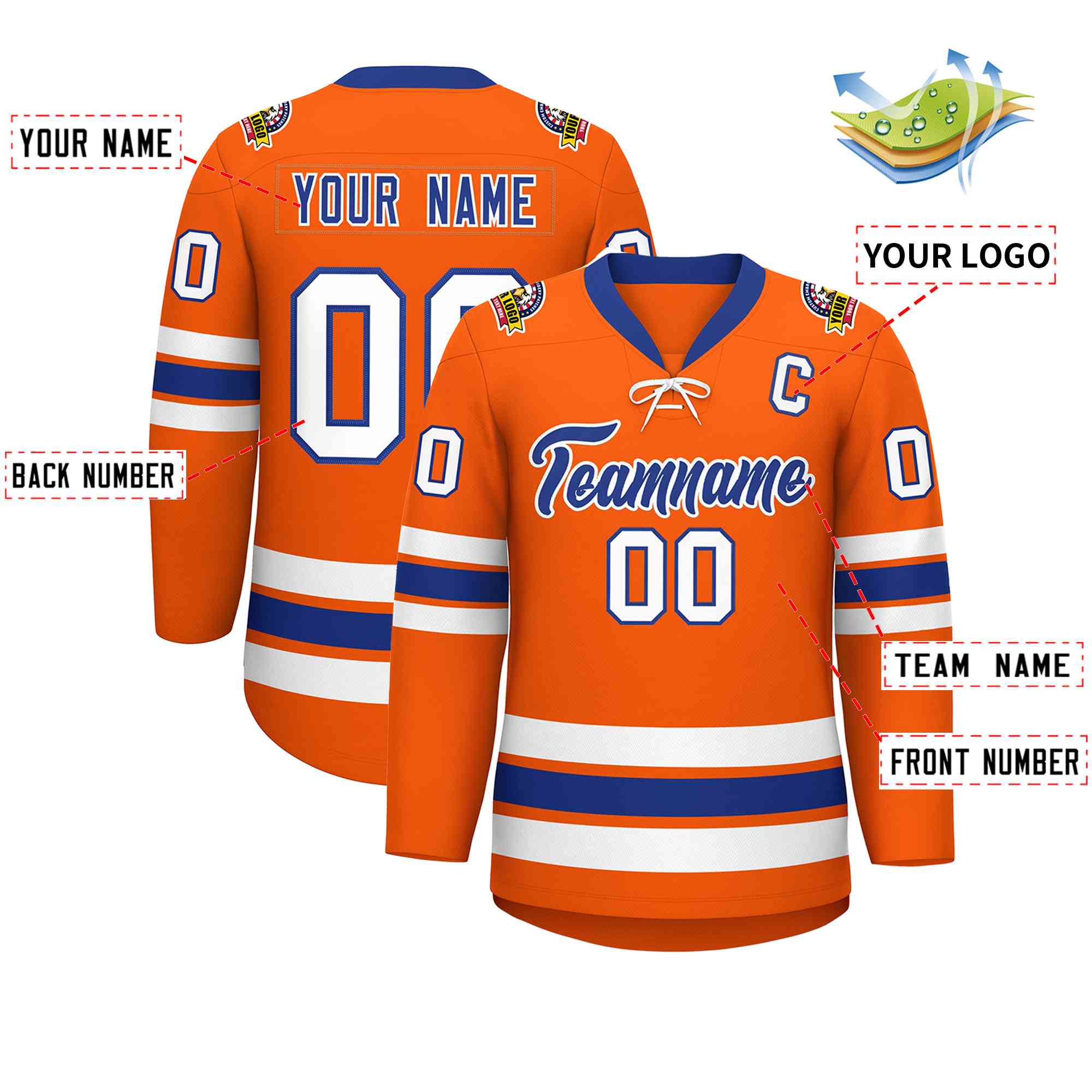 Custom Orange Royal-White Lace-Up Neck Hockey Jersey | KXKSHOP