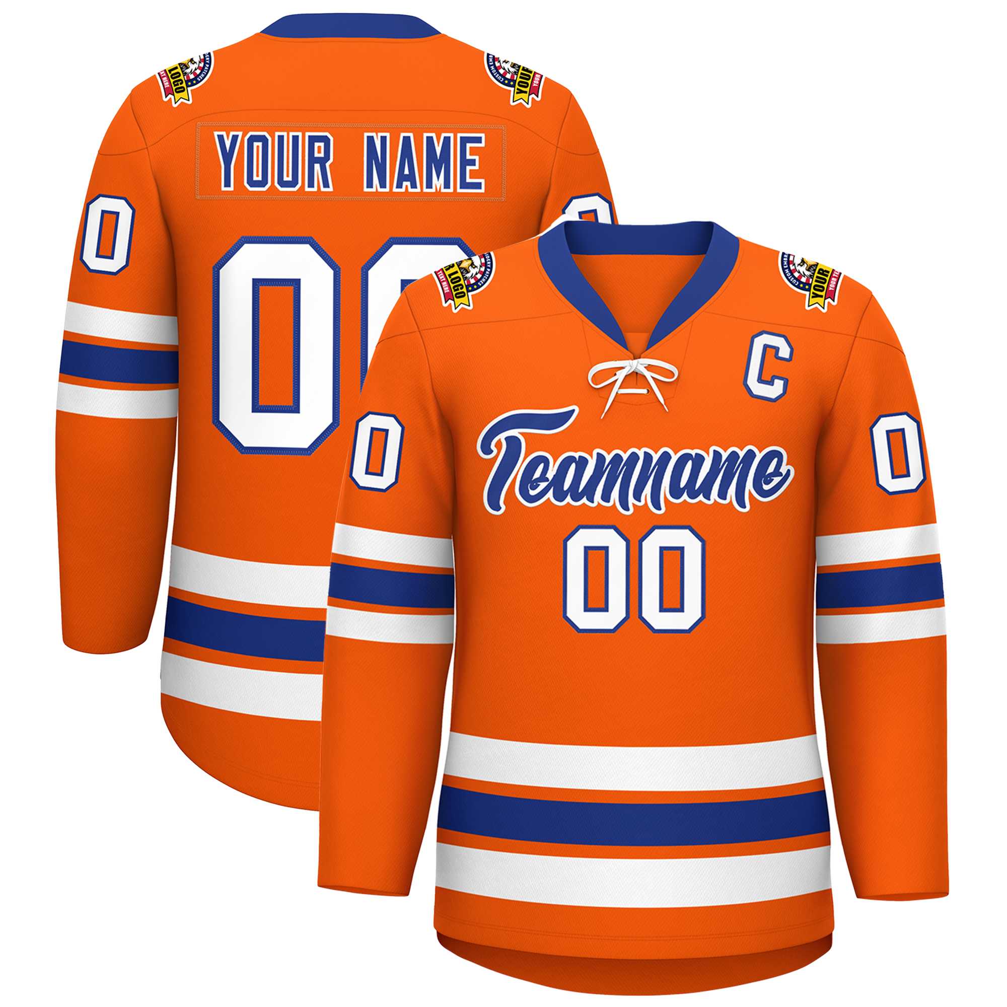 Custom Orange Royal-White Lace-Up Neck Hockey Jersey | KXKSHOP