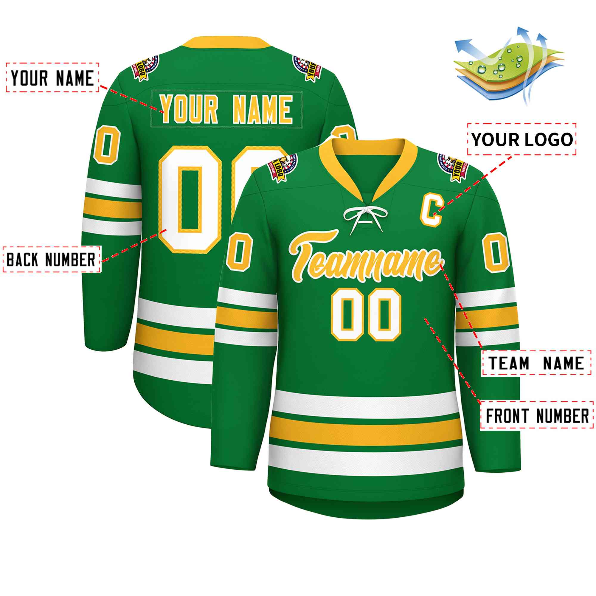 Custom Kelly Green Yellow-White Lace-Up Neck Hockey Jersey | KXKSHOP