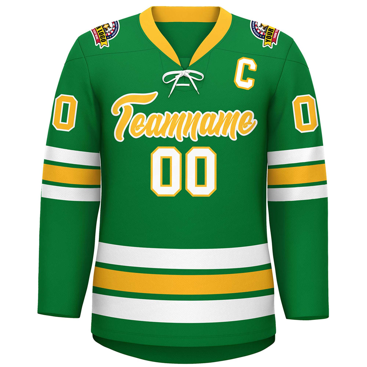 Custom Kelly Green Yellow-White Lace-Up Neck Hockey Jersey | KXKSHOP
