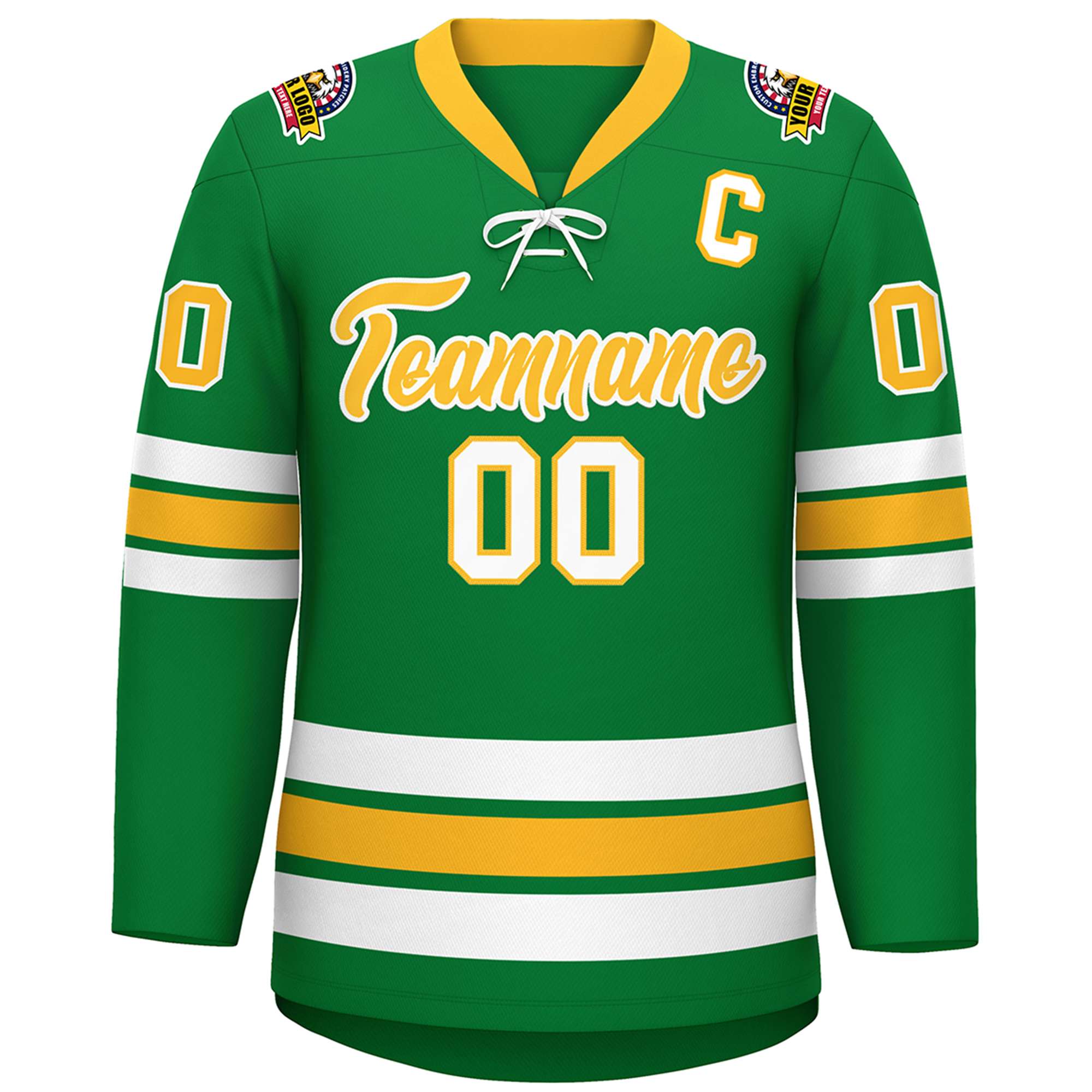 Custom Kelly Green Yellow-White Lace-Up Neck Hockey Jersey | KXKSHOP
