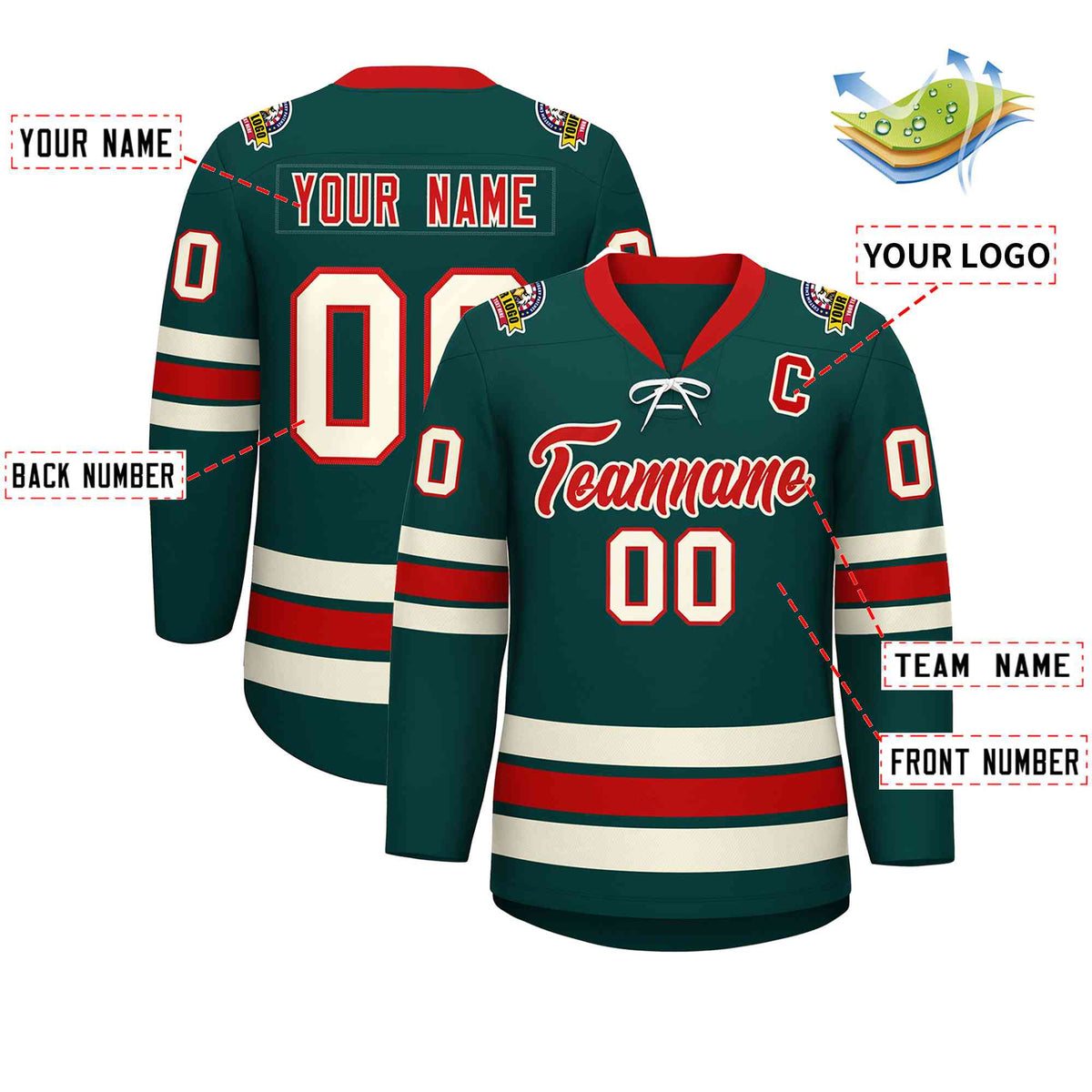 Custom Midnight Green Red-Cream Lace-Up Neck Hockey Jersey | KXKSHOP