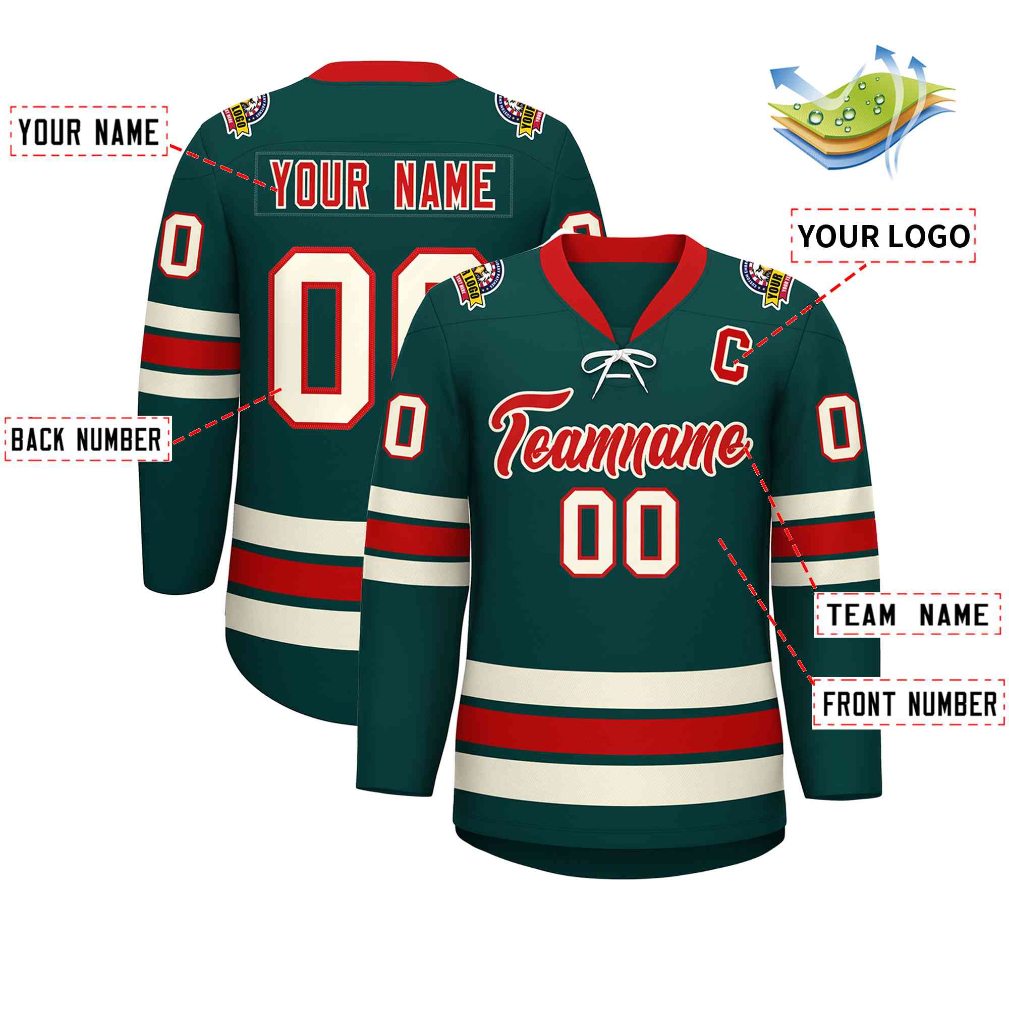 Custom Midnight Green Red-Cream Lace-Up Neck Hockey Jersey | KXKSHOP