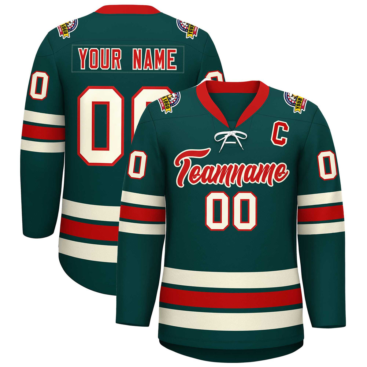 Custom Midnight Green Red-Cream Lace-Up Neck Hockey Jersey | KXKSHOP