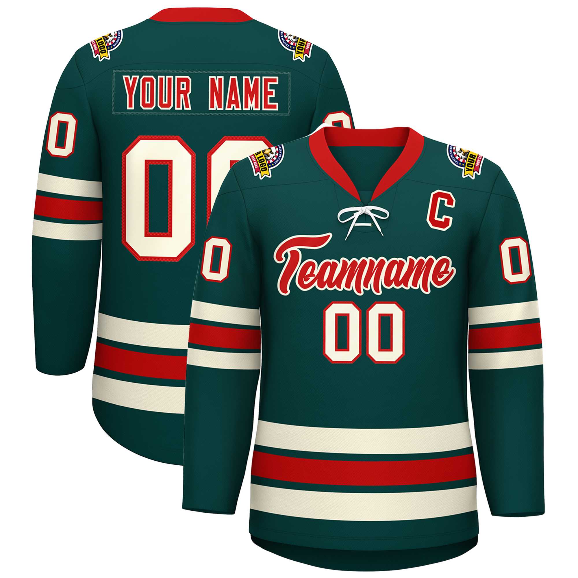 Custom Midnight Green Red-Cream Lace-Up Neck Hockey Jersey | KXKSHOP