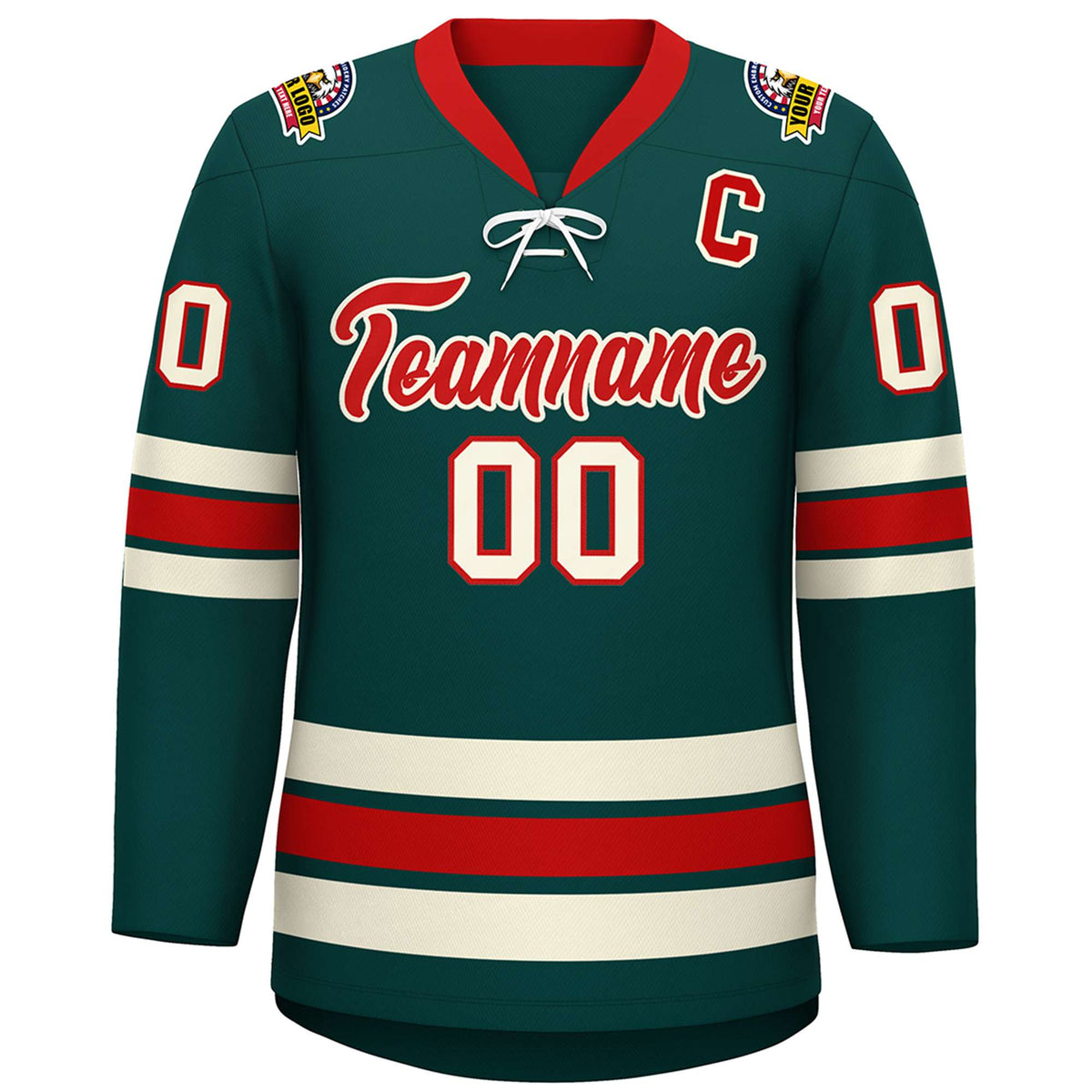 Custom Midnight Green Red-Cream Lace-Up Neck Hockey Jersey | KXKSHOP