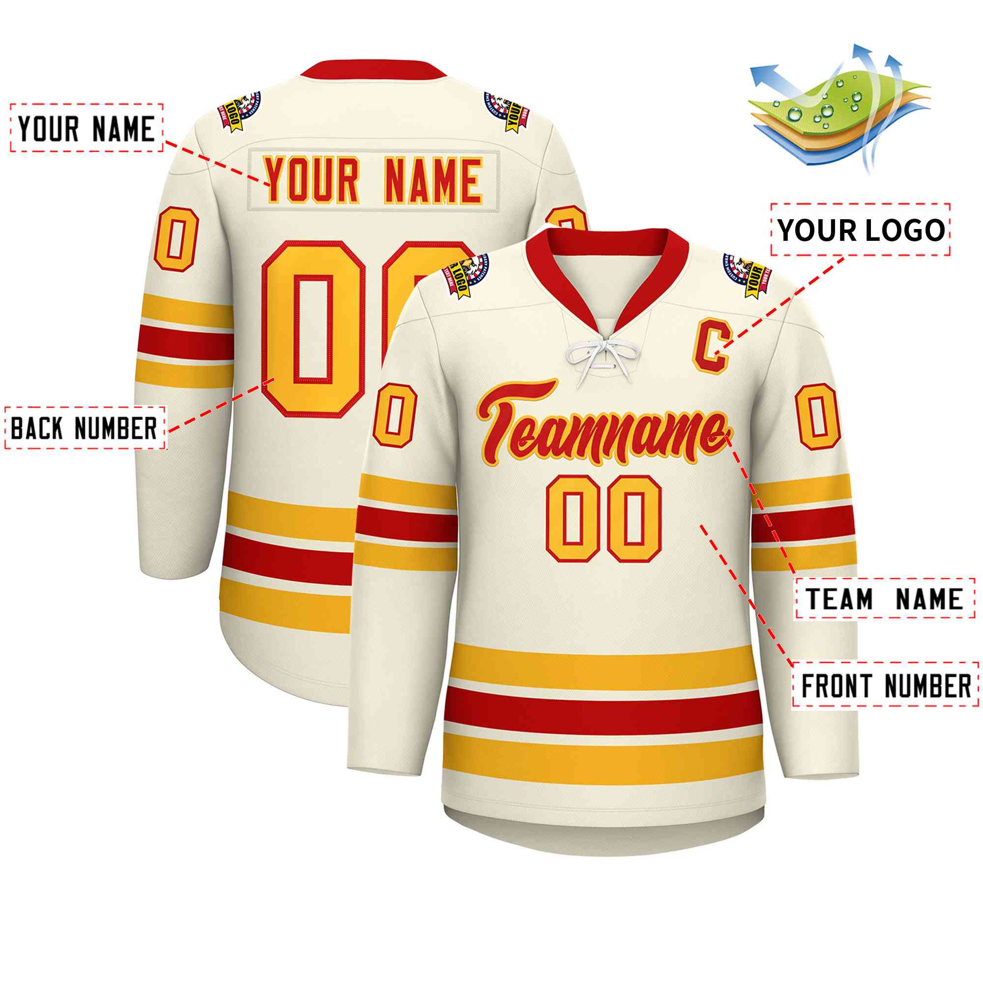 Custom Cream Red-Yellow Lace-Up Neck Hockey Jersey | KXKSHOP