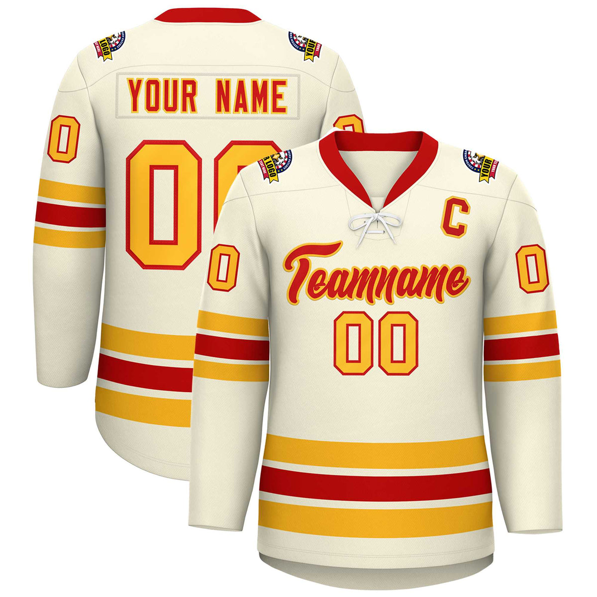 Custom Cream Red-Yellow Lace-Up Neck Hockey Jersey | KXKSHOP