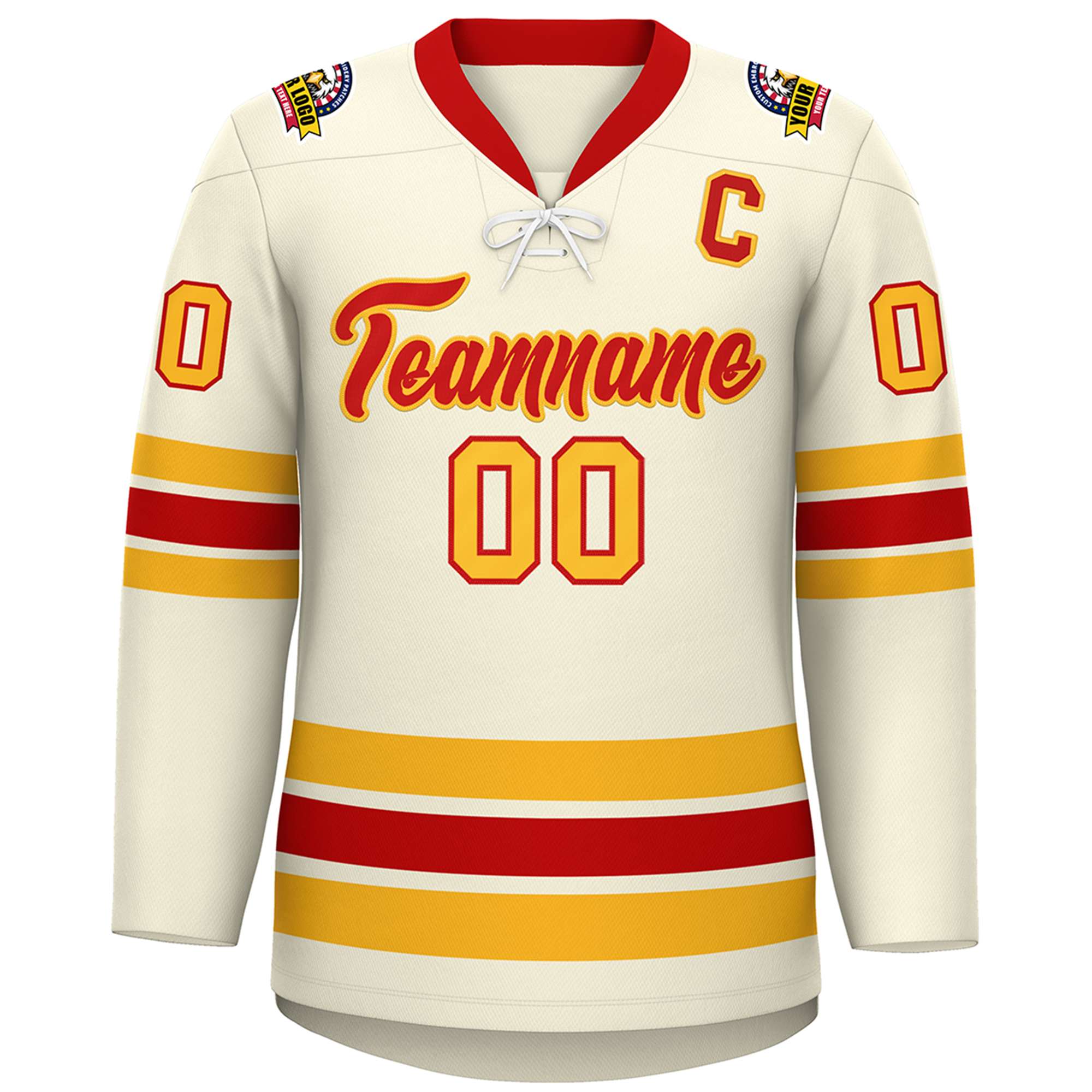 Custom Cream Red-Yellow Lace-Up Neck Hockey Jersey | KXKSHOP