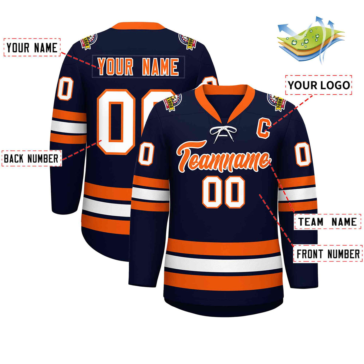 Custom Navy Orange-White Lace-Up Neck Hockey Jersey | KXKSHOP