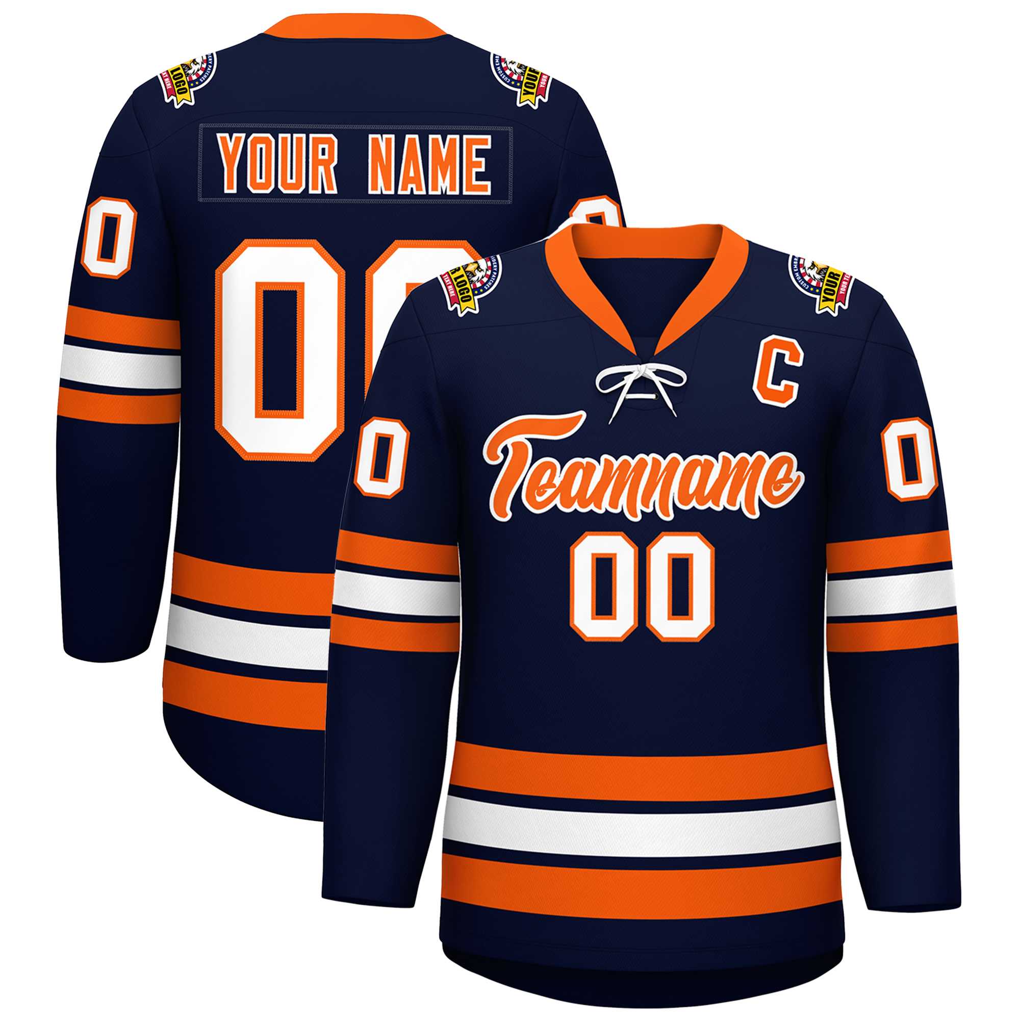 Custom Navy Orange-White Lace-Up Neck Hockey Jersey | KXKSHOP