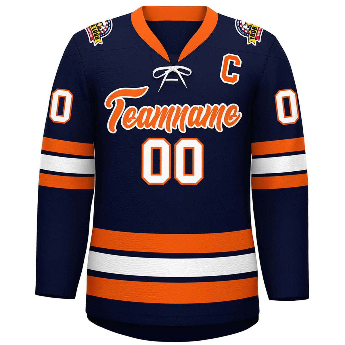 Custom Navy Orange-White Lace-Up Neck Hockey Jersey | KXKSHOP