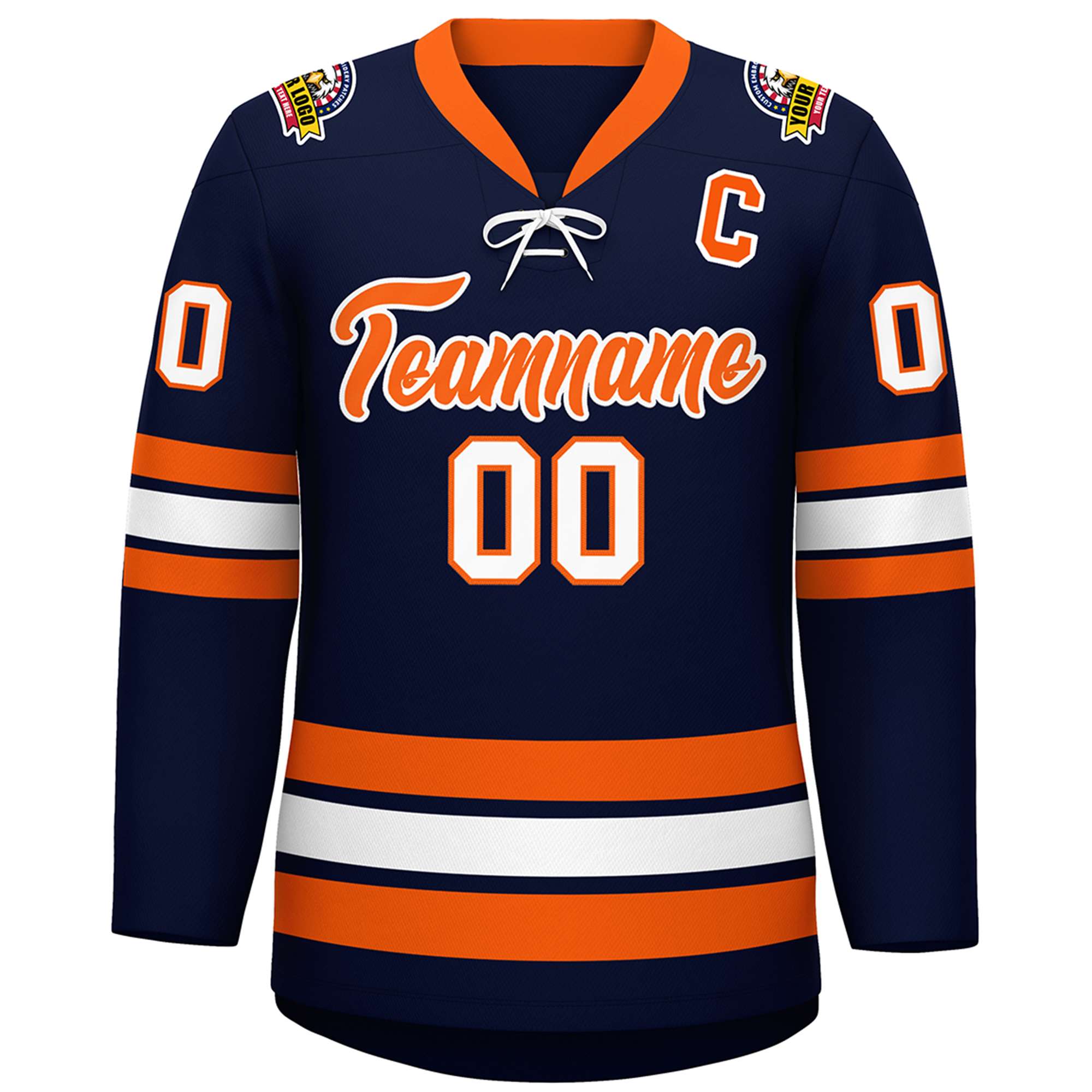 Custom Navy Orange-White Lace-Up Neck Hockey Jersey | KXKSHOP