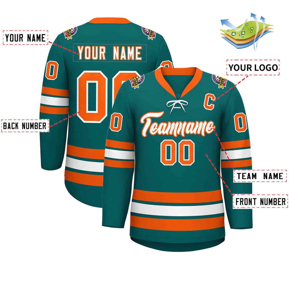 Custom Aqua White-Orange Lace-Up Neck Hockey Jersey | KXKSHOP