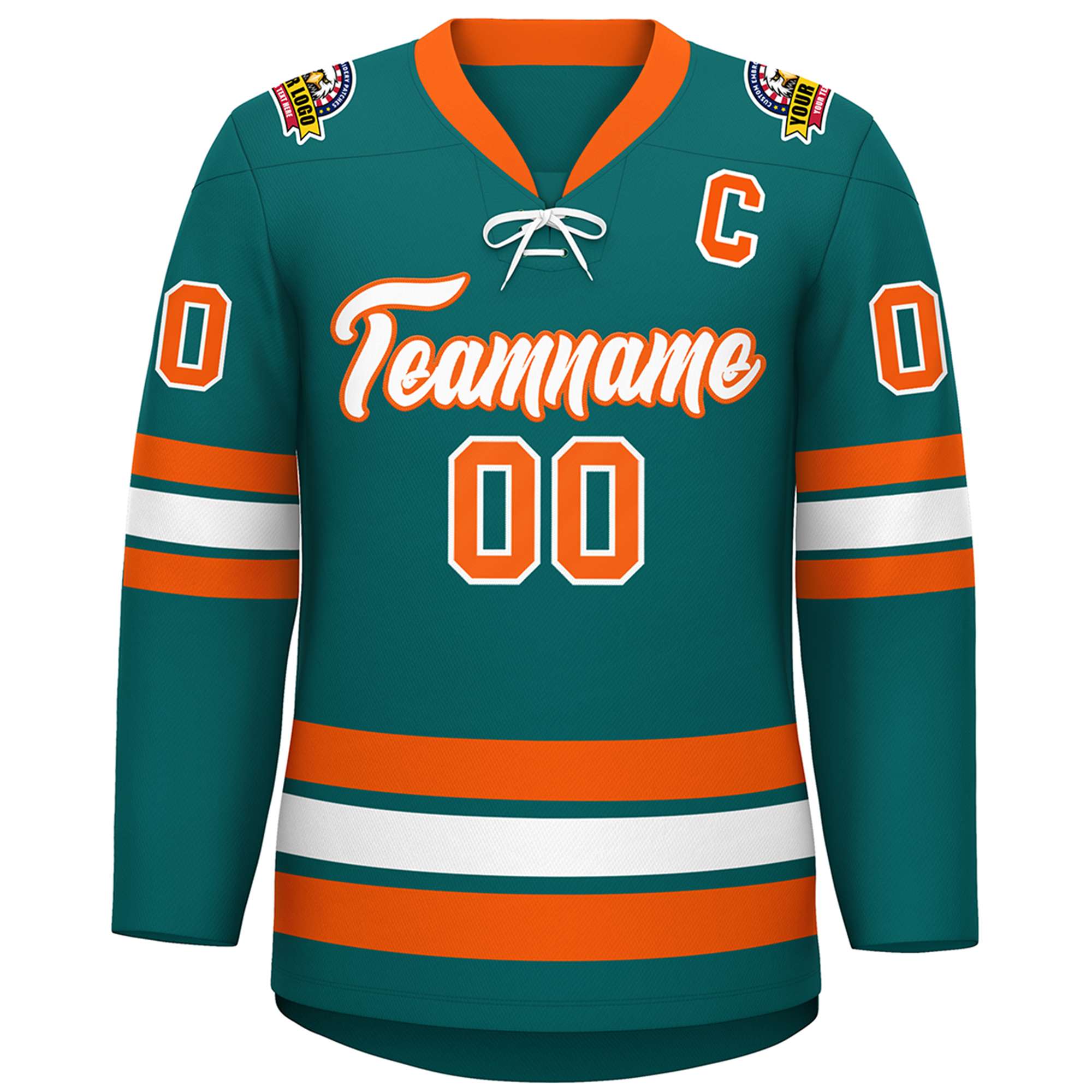 Custom Aqua White-Orange Lace-Up Neck Hockey Jersey | KXKSHOP