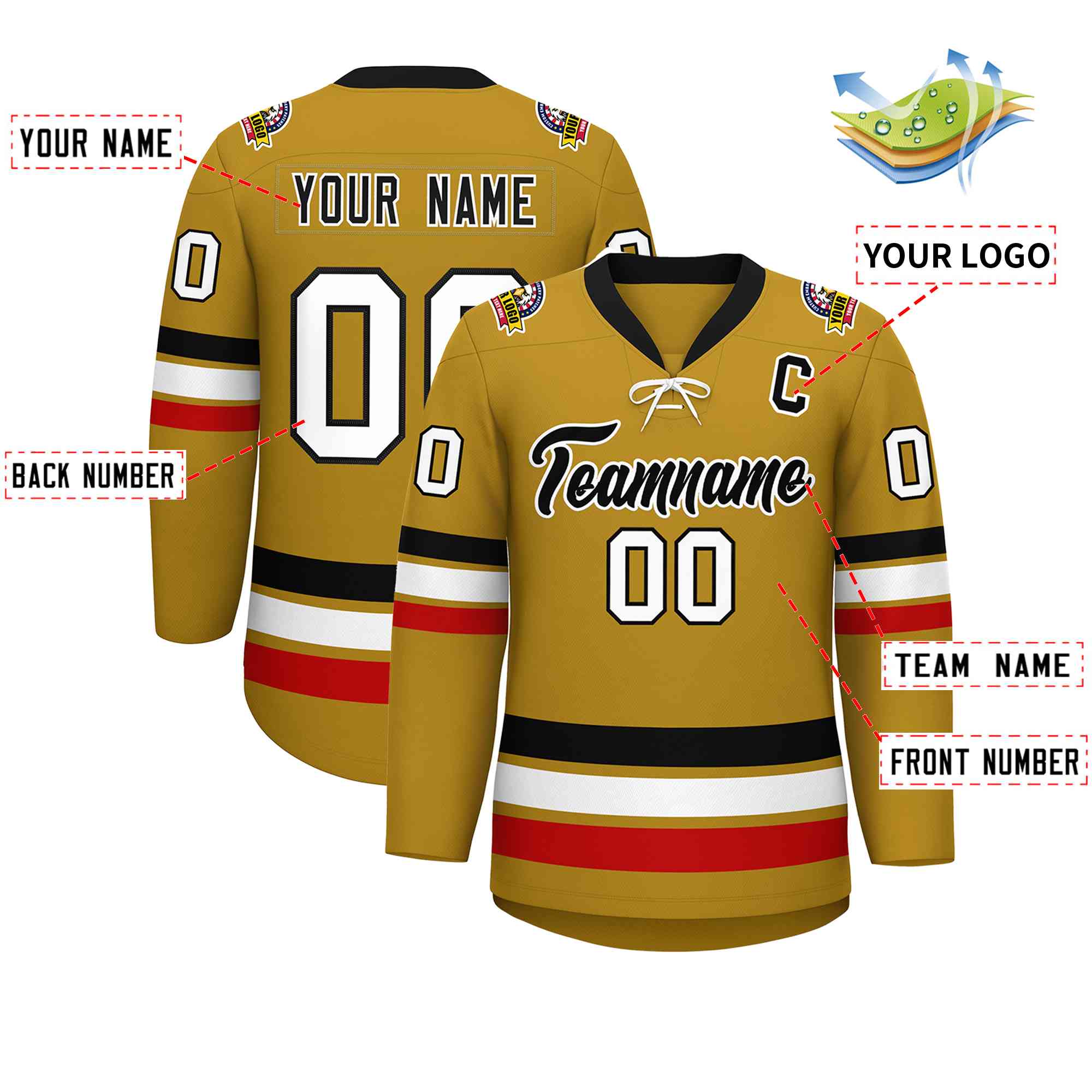Custom Old Gold Black-White Lace-Up Neck Hockey Jersey | KXKSHOP