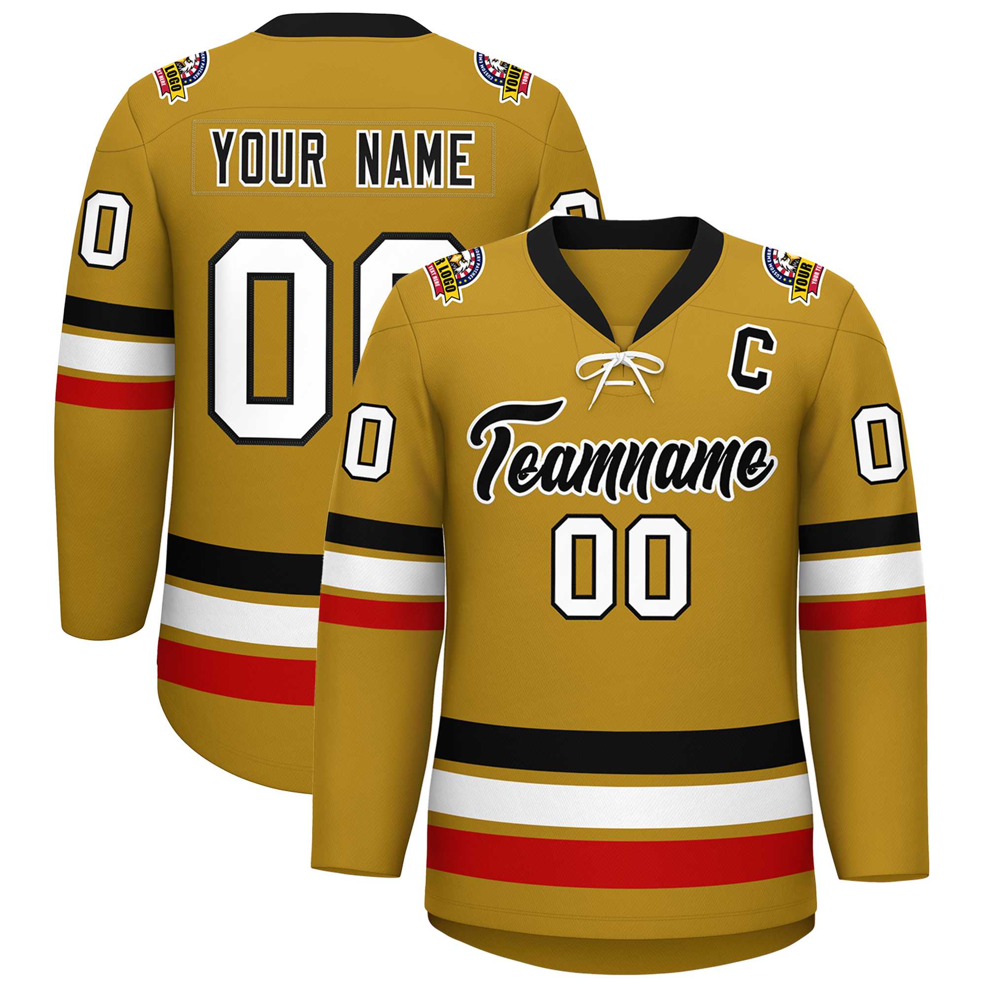 Custom Old Gold Black-White Lace-Up Neck Hockey Jersey | KXKSHOP