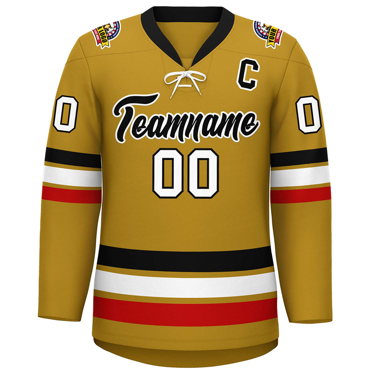 Custom Old Gold Black-White Lace-Up Neck Hockey Jersey | KXKSHOP