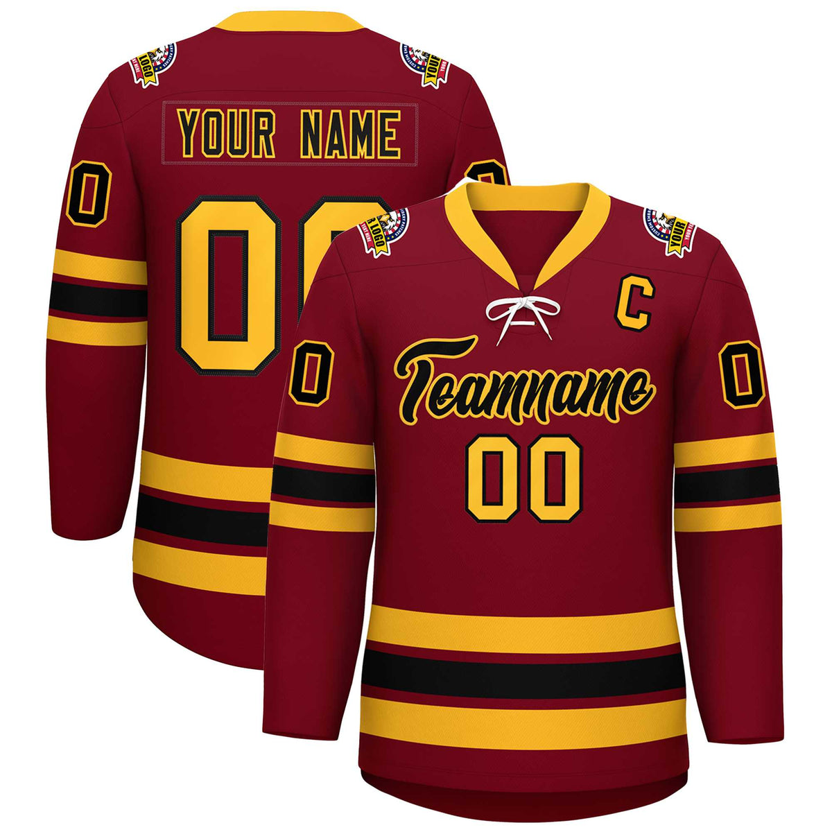 Custom Crimson Black-Yellow Lace-Up Neck Hockey Jersey | KXKSHOP