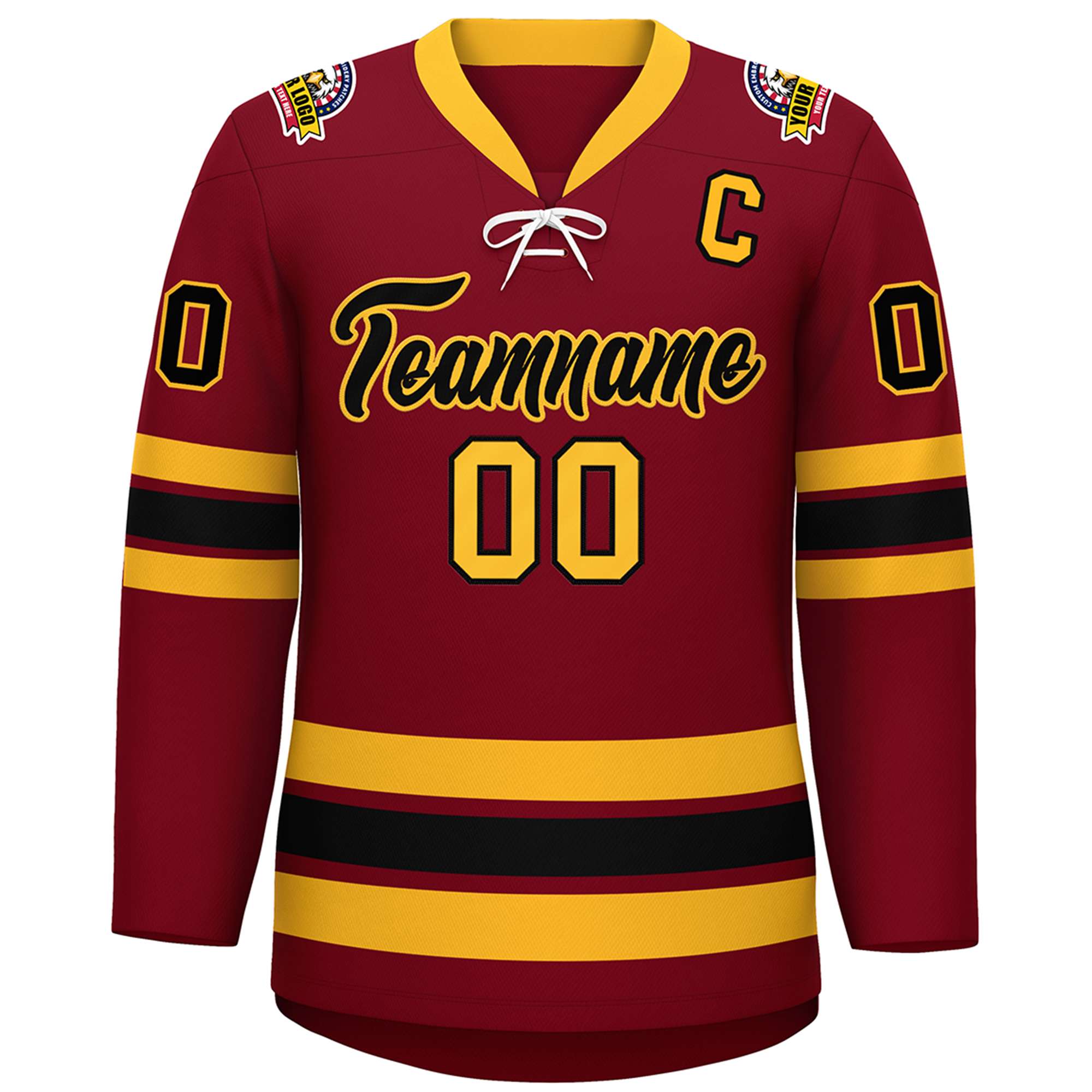 Custom Crimson Black-Yellow Lace-Up Neck Hockey Jersey | KXKSHOP