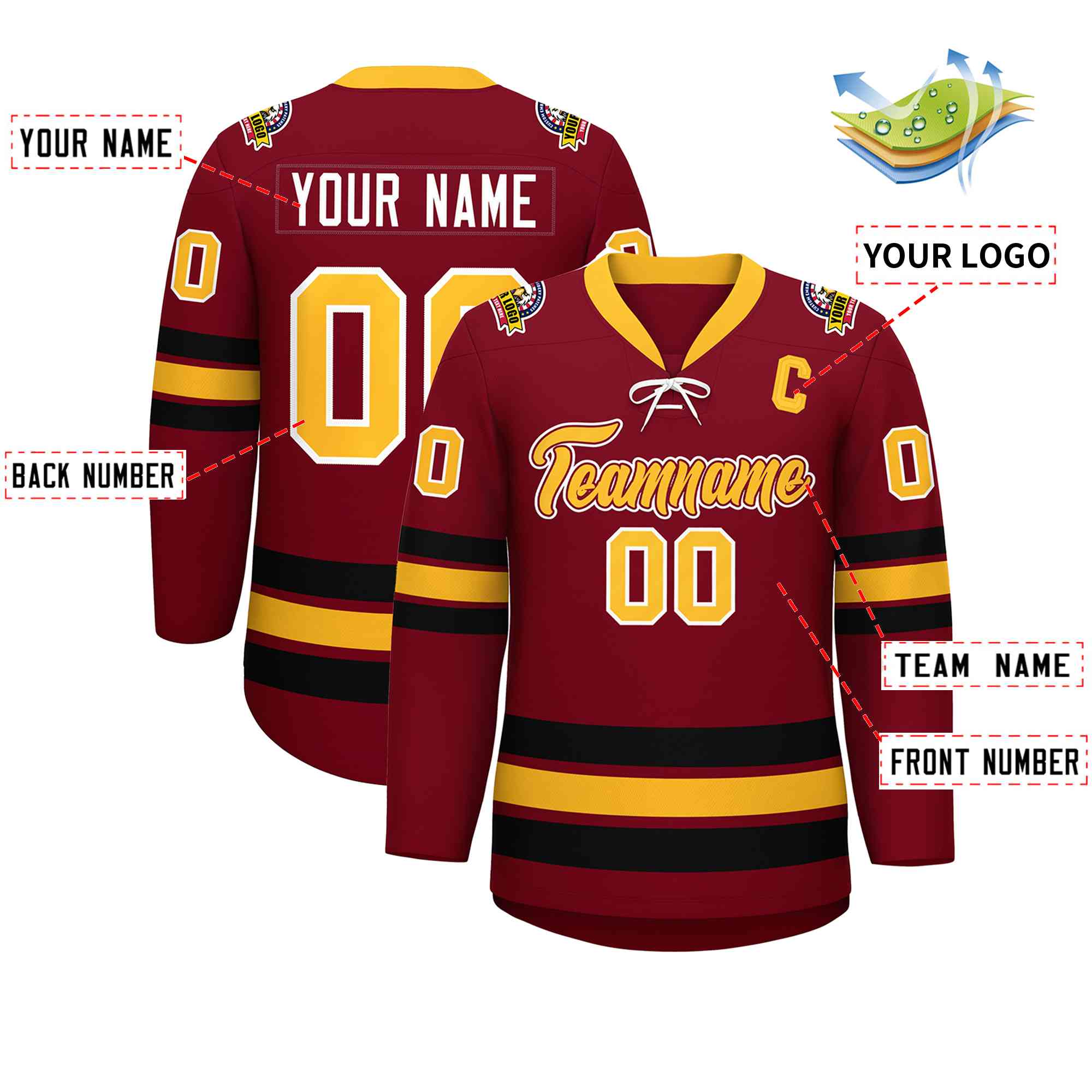 Custom Crimson Yellow-Black Lace-Up Neck Hockey Jersey | KXKSHOP