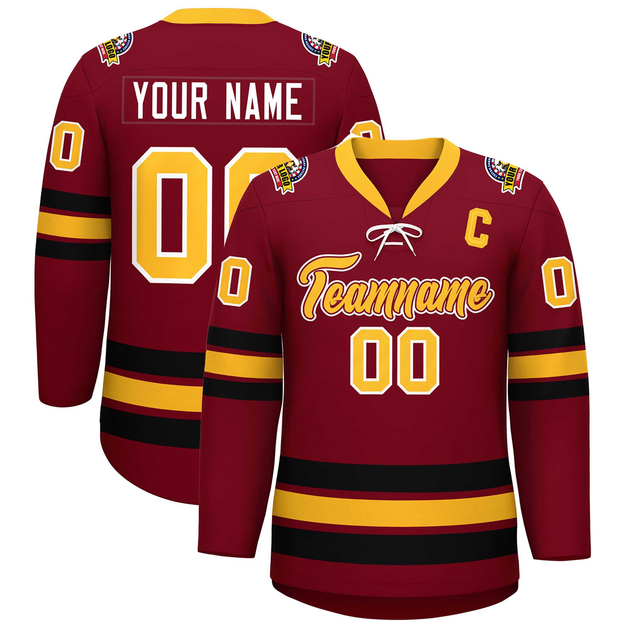 Custom Crimson Yellow-Black Lace-Up Neck Hockey Jersey | KXKSHOP