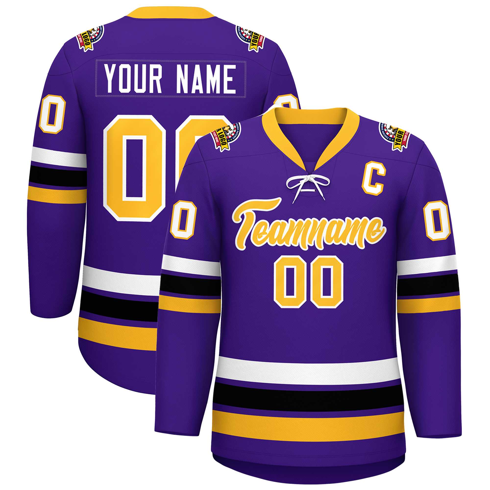 Custom Purple Yellow-White Lace-Up Neck Hockey Jersey | KXKSHOP