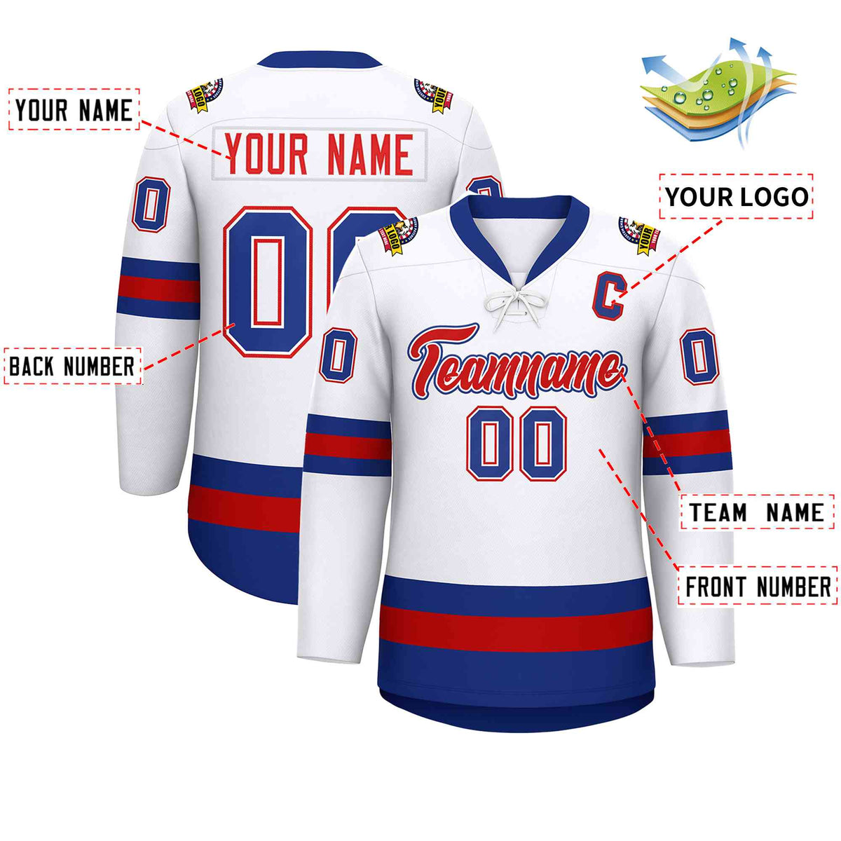 Custom White Red-Royal Lace-Up Neck Hockey Jersey | KXKSHOP