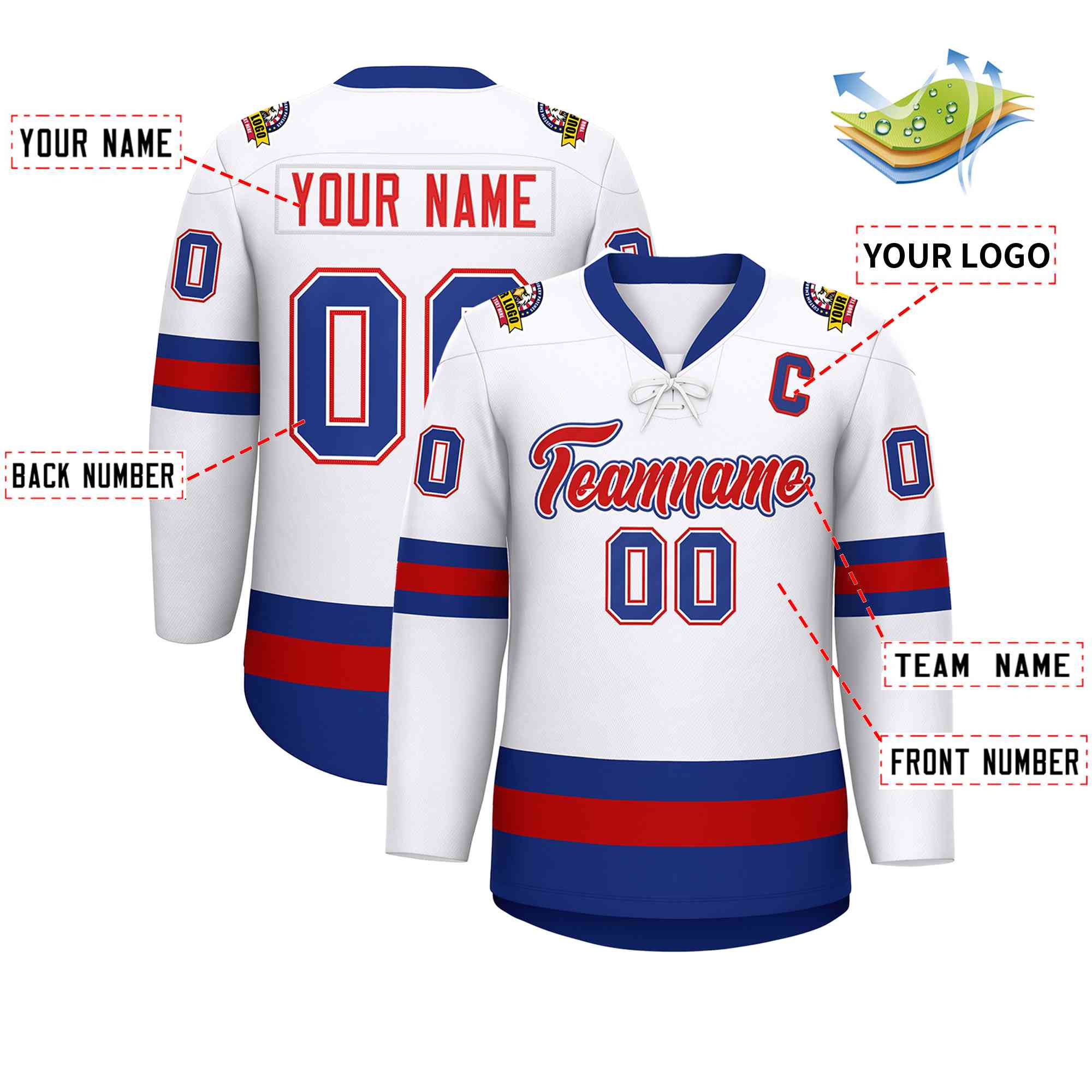 Custom White Red-Royal Lace-Up Neck Hockey Jersey | KXKSHOP