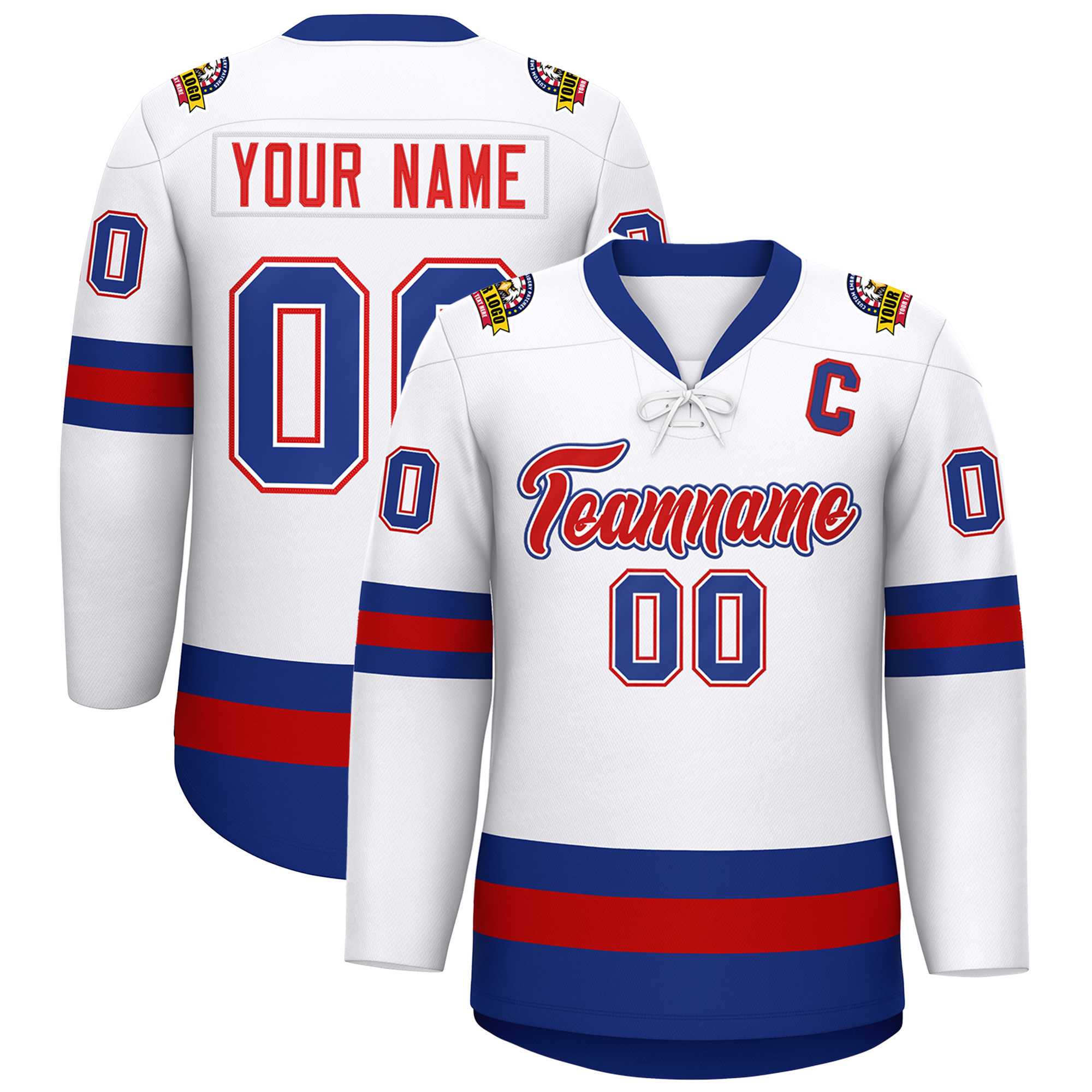 Custom White Red-Royal Lace-Up Neck Hockey Jersey | KXKSHOP
