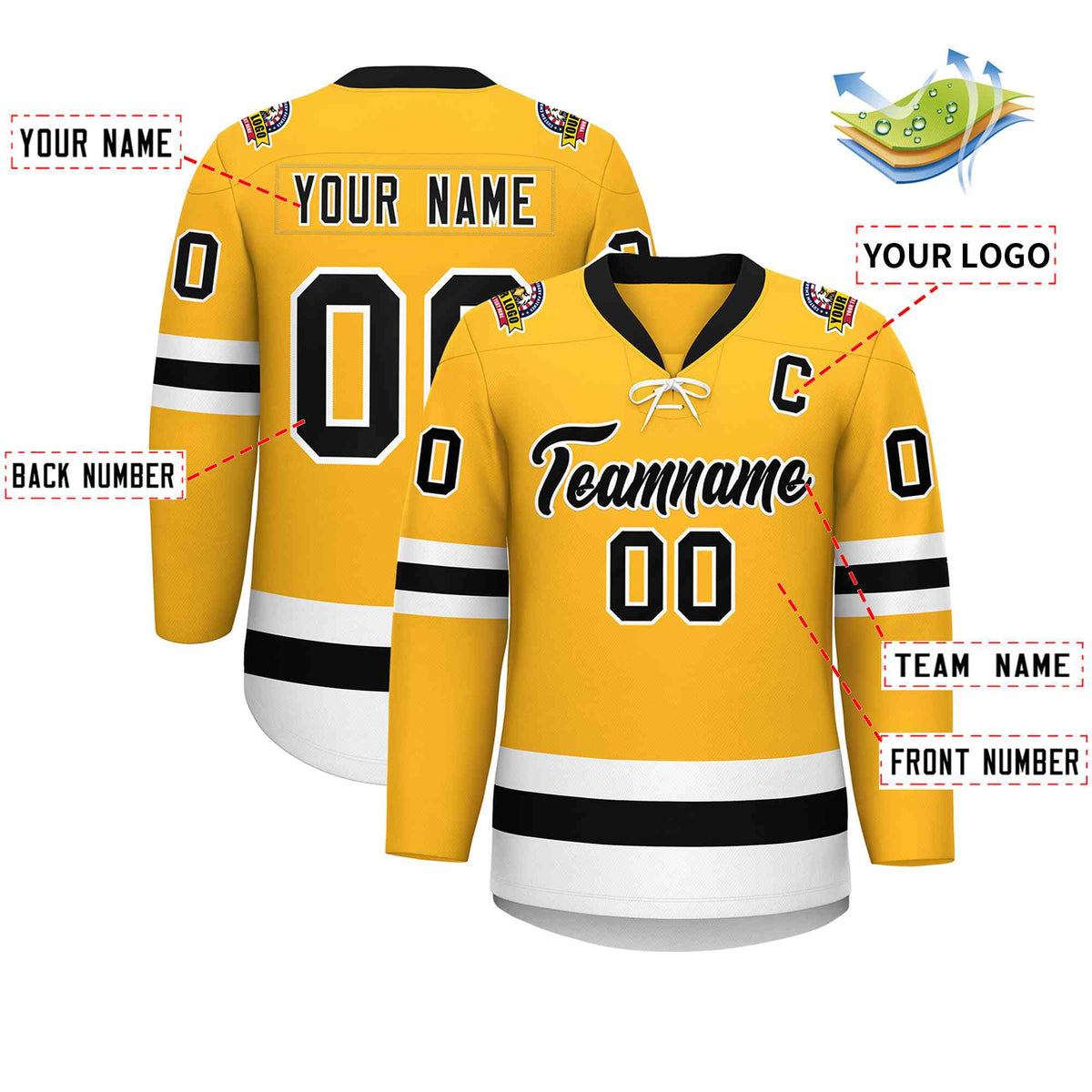 Custom Gold Black-White Lace-Up Neck Hockey Jersey | KXKSHOP