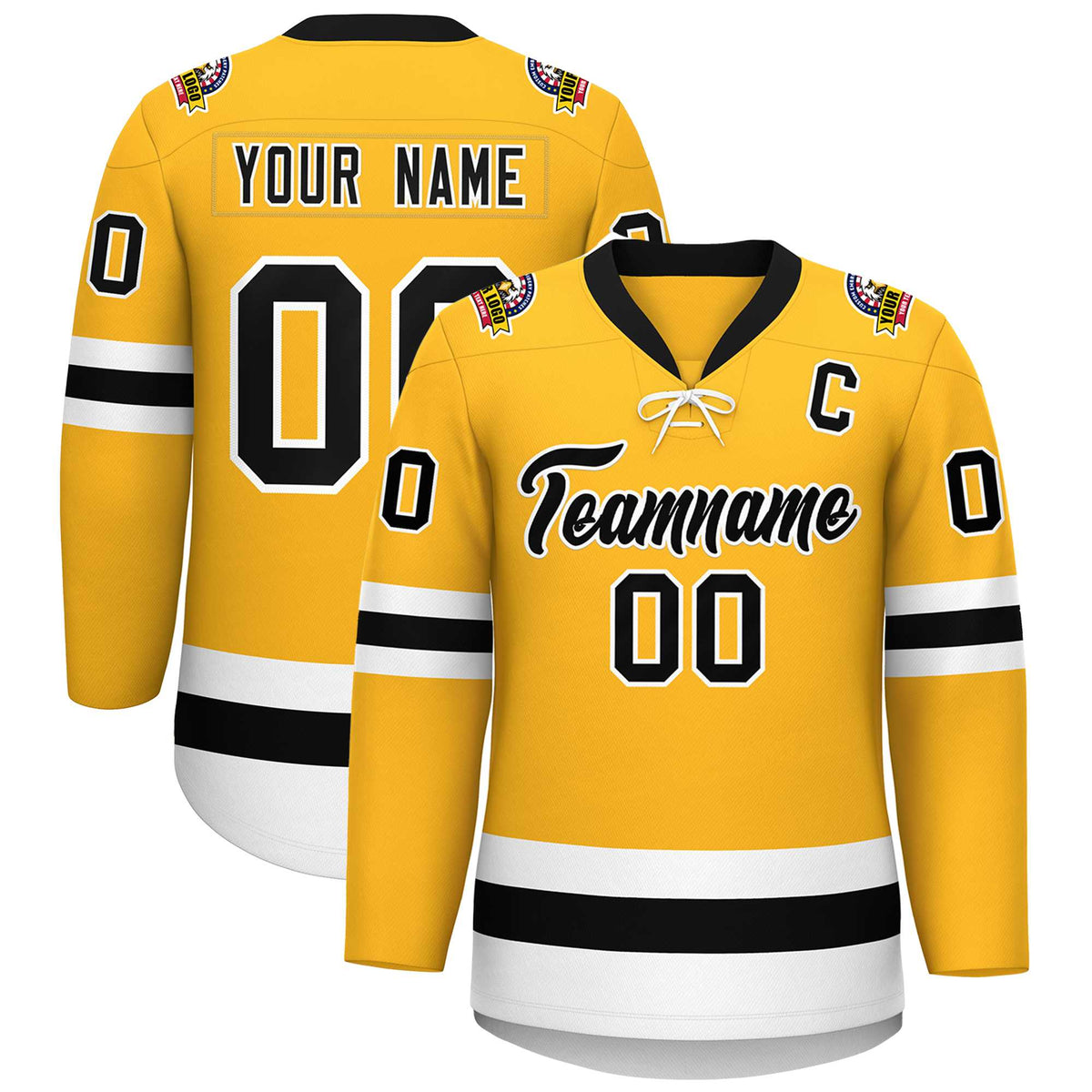 Custom Gold Black-White Lace-Up Neck Hockey Jersey | KXKSHOP
