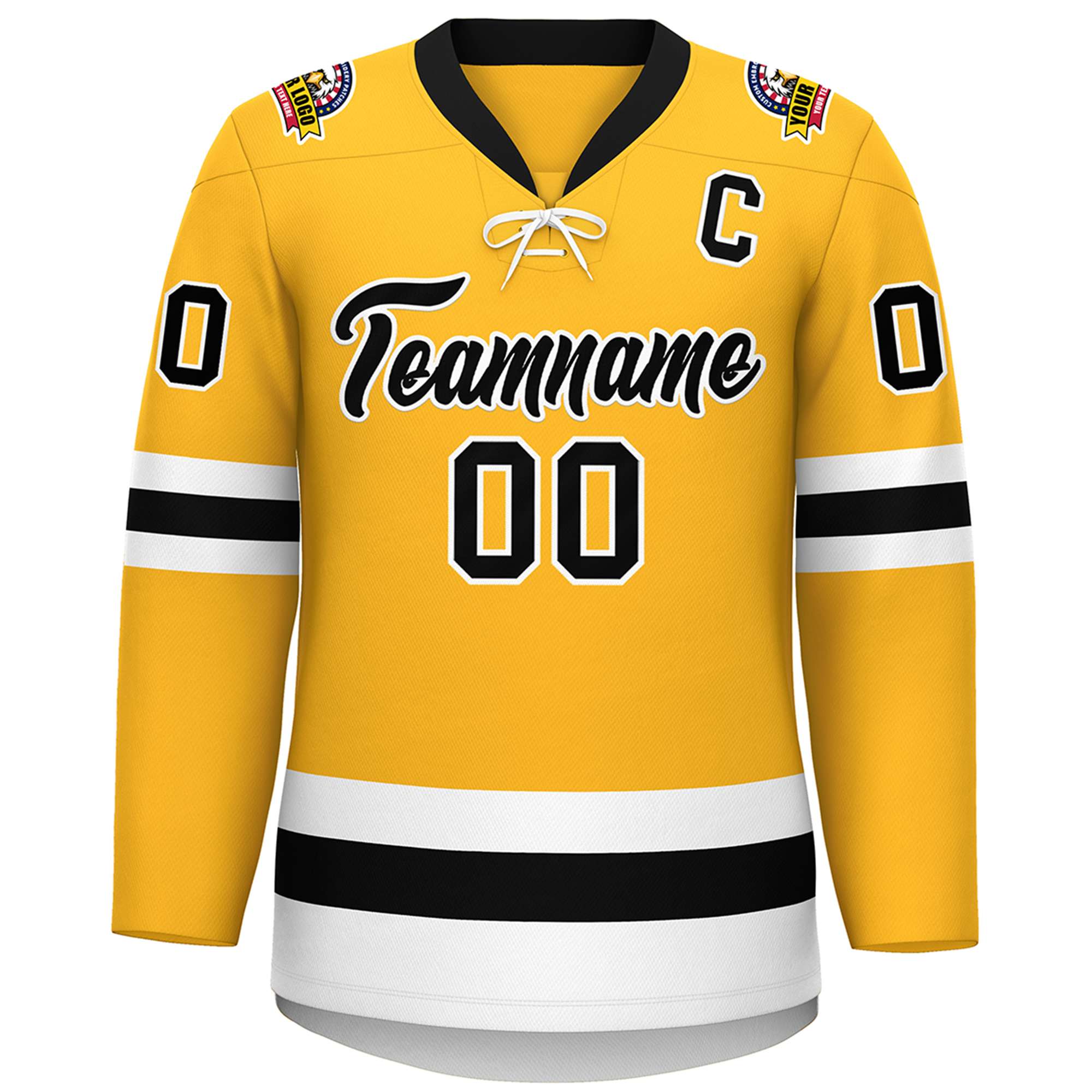 Custom Gold Black-White Lace-Up Neck Hockey Jersey | KXKSHOP