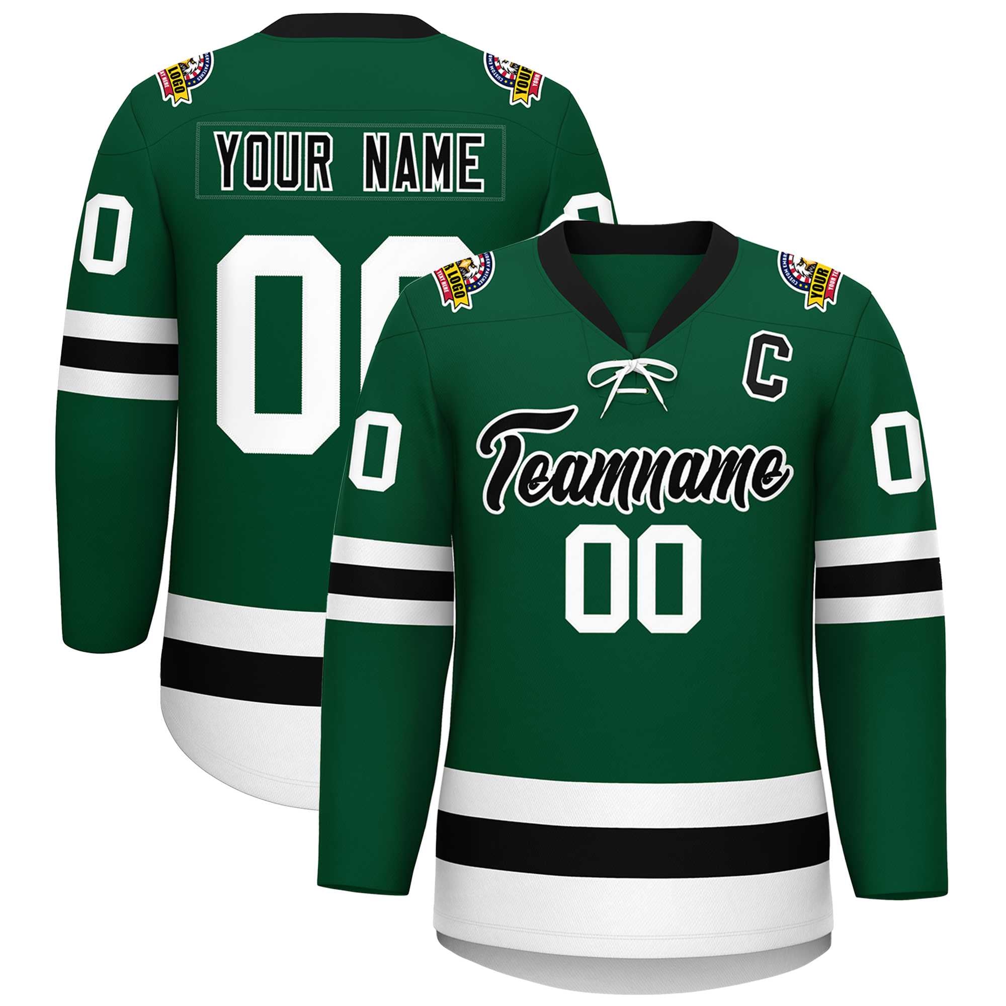 Custom Green Black-White Lace-Up Neck Hockey Jersey | KXKSHOP