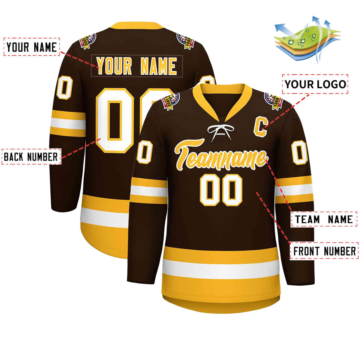 Custom Brown Gold-White Lace-Up Neck Hockey Jersey | KXKSHOP