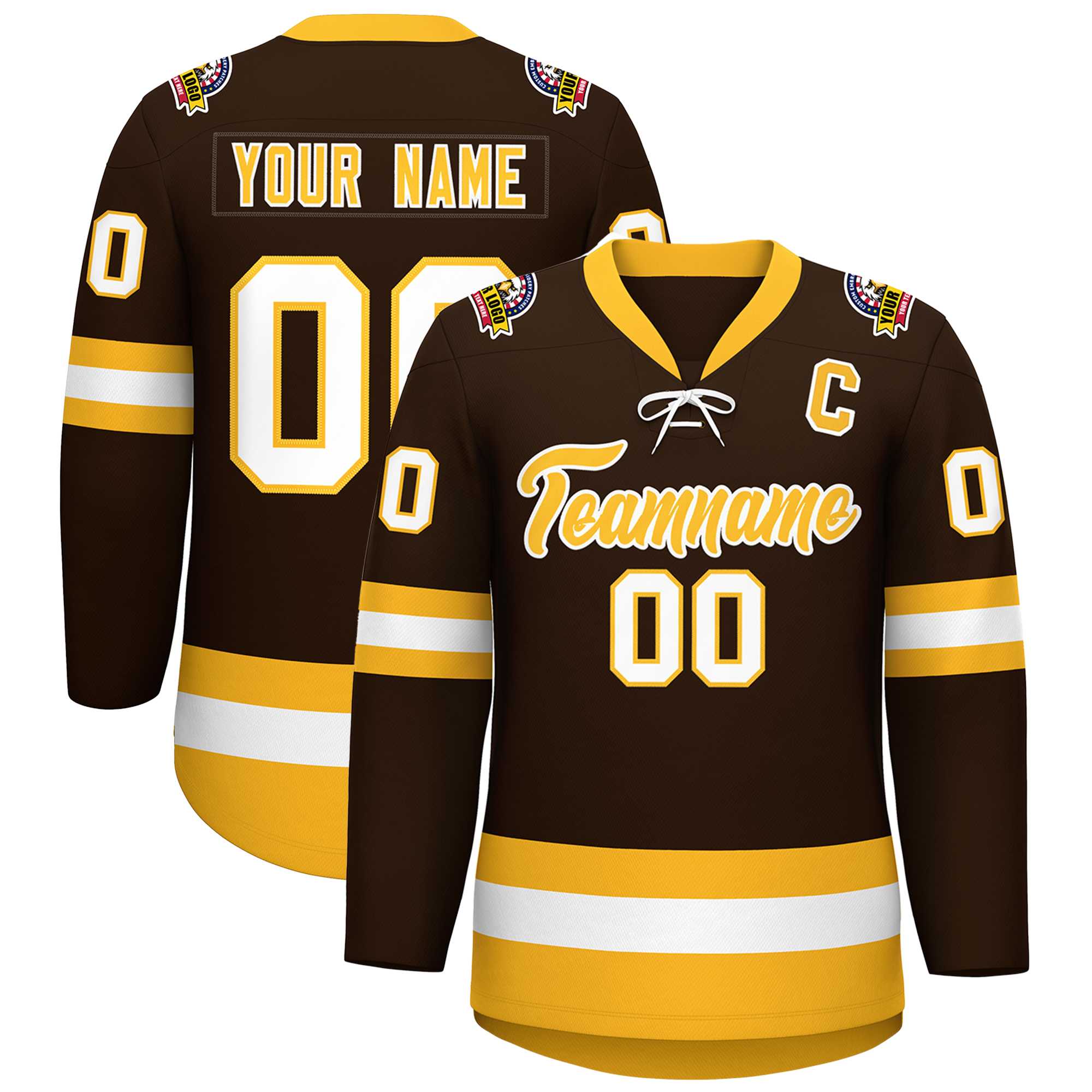 Custom Brown Gold-White Lace-Up Neck Hockey Jersey | KXKSHOP
