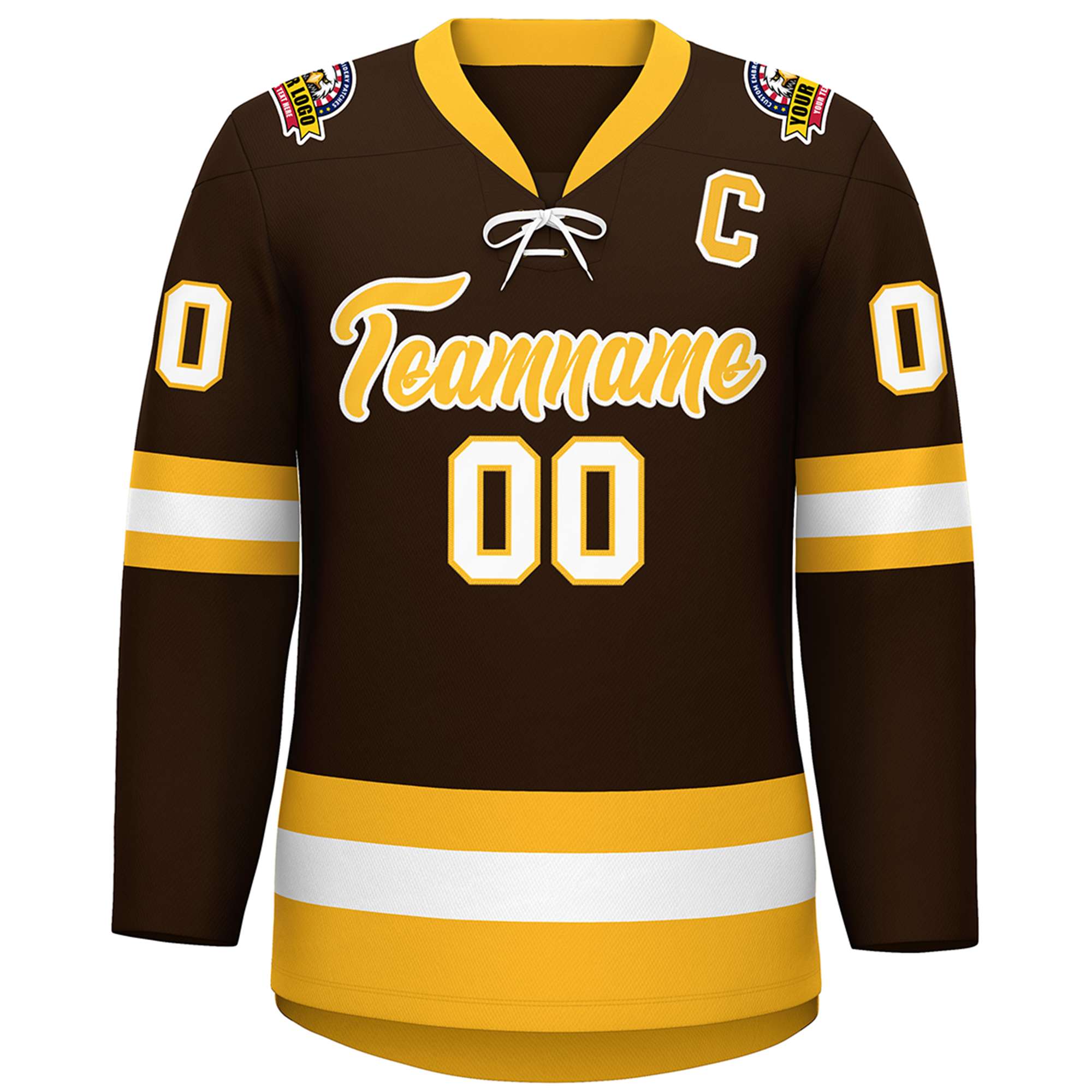 Custom Brown Gold-White Lace-Up Neck Hockey Jersey | KXKSHOP