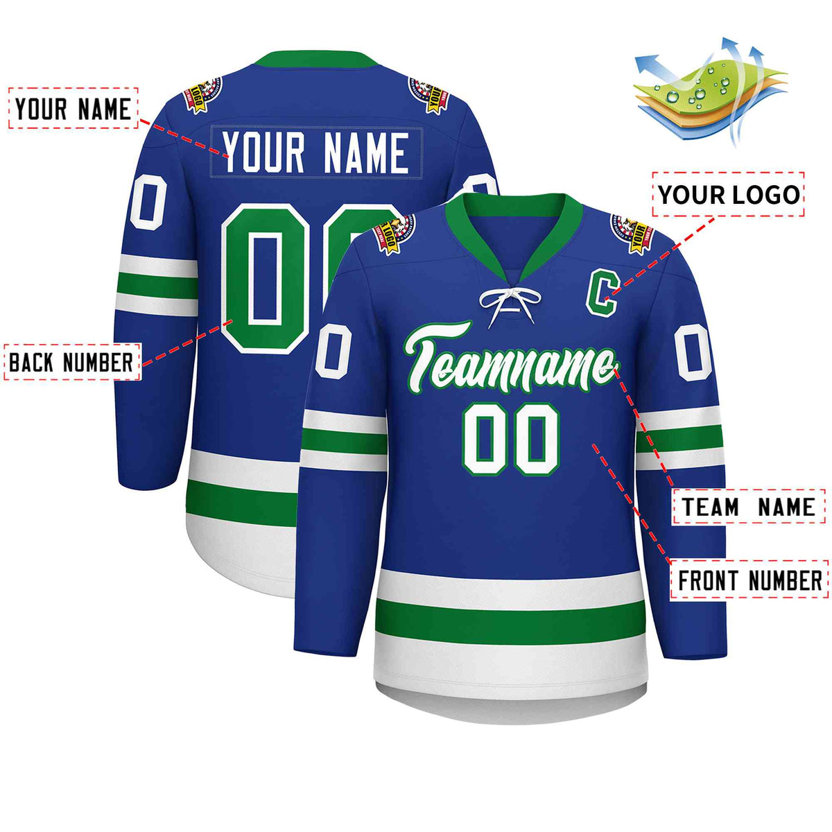 Custom Royal Kelly Green-White Lace-Up Neck Hockey Jersey | KXKSHOP