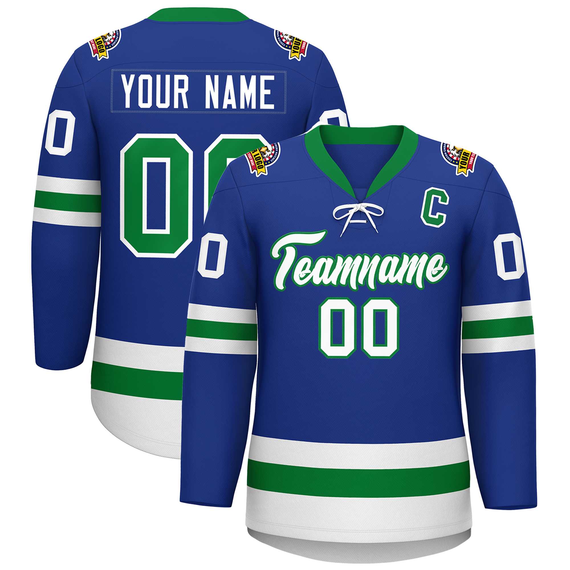 Custom Royal Kelly Green-White Lace-Up Neck Hockey Jersey | KXKSHOP