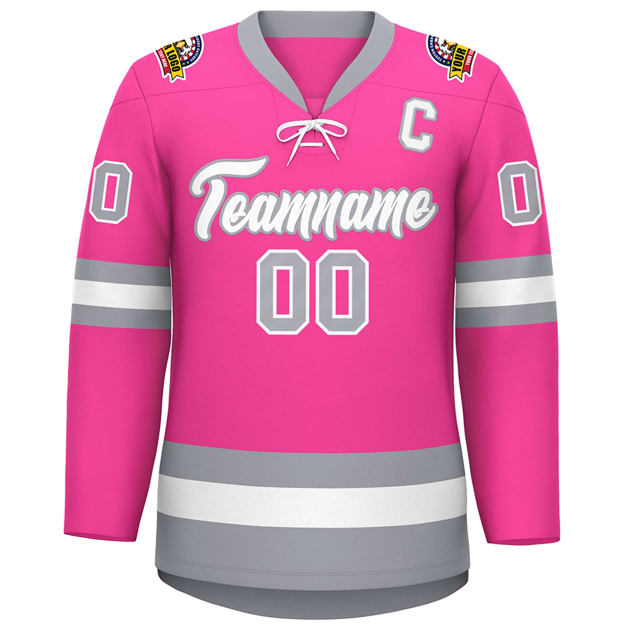 Custom Pink White-Gray Lace-Up Neck Hockey Jersey | KXKSHOP