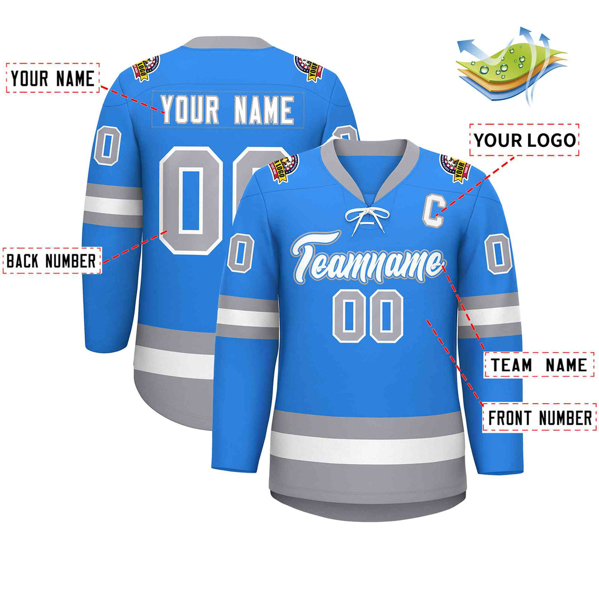 Custom Powder Blue White-Gray Lace-Up Neck Hockey Jersey | KXKSHOP