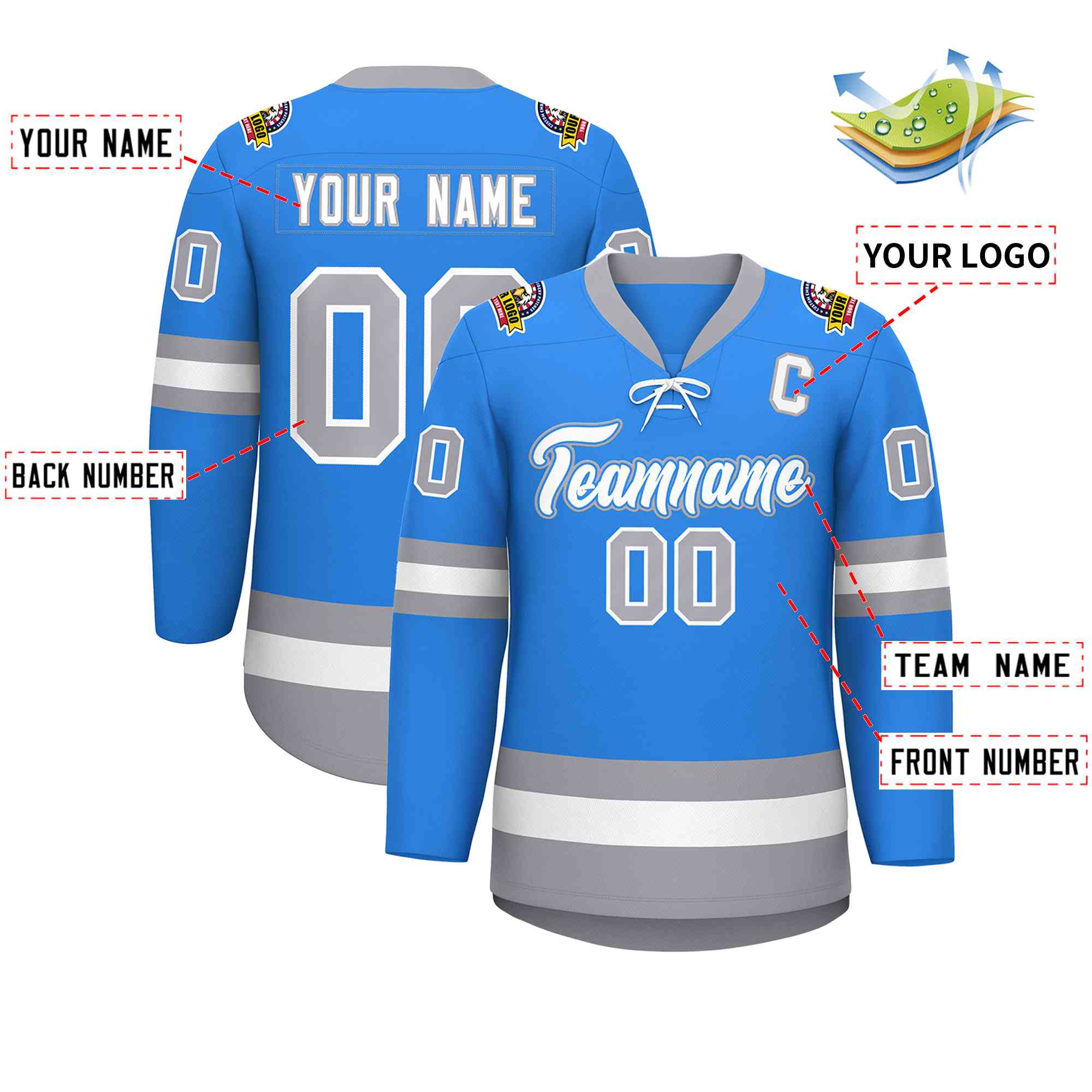 Custom Powder Blue White-Gray Lace-Up Neck Hockey Jersey | KXKSHOP