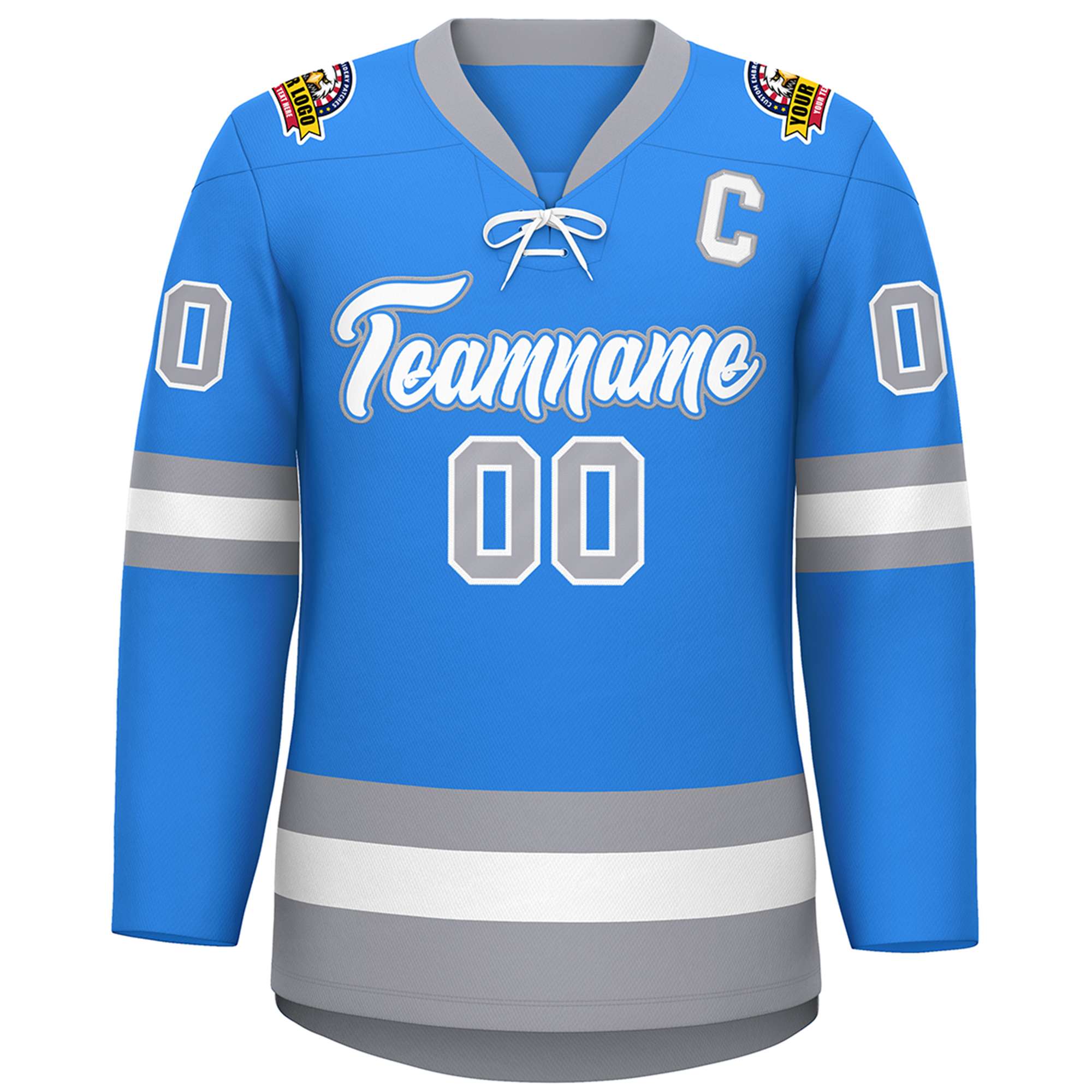 Custom Powder Blue White-Gray Lace-Up Neck Hockey Jersey | KXKSHOP