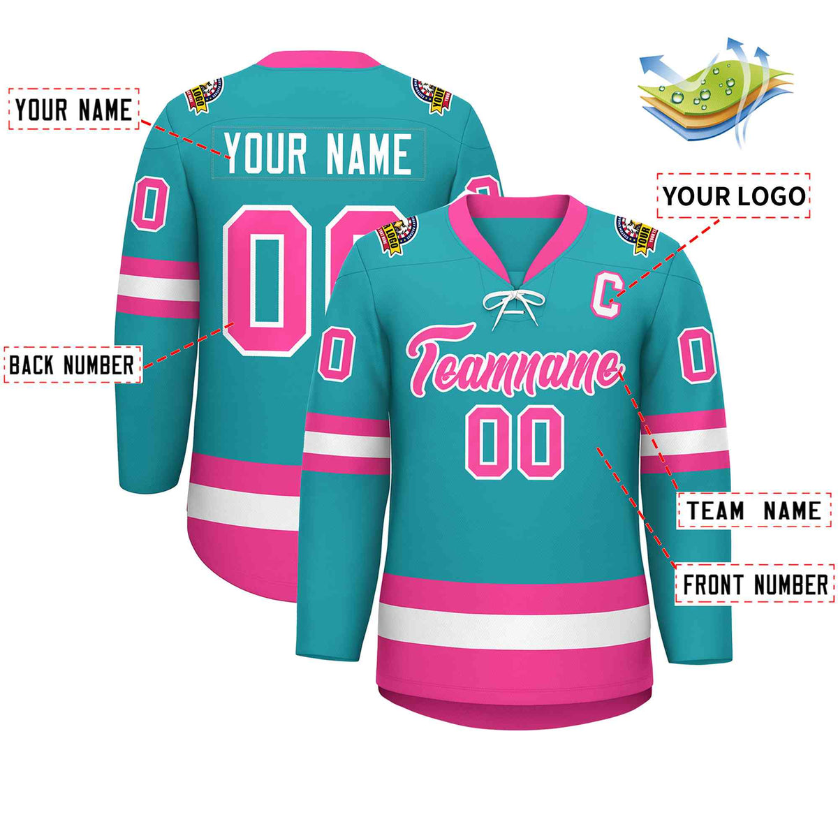 Custom Aqua Pink-White Lace-Up Neck Hockey Jersey | KXKSHOP