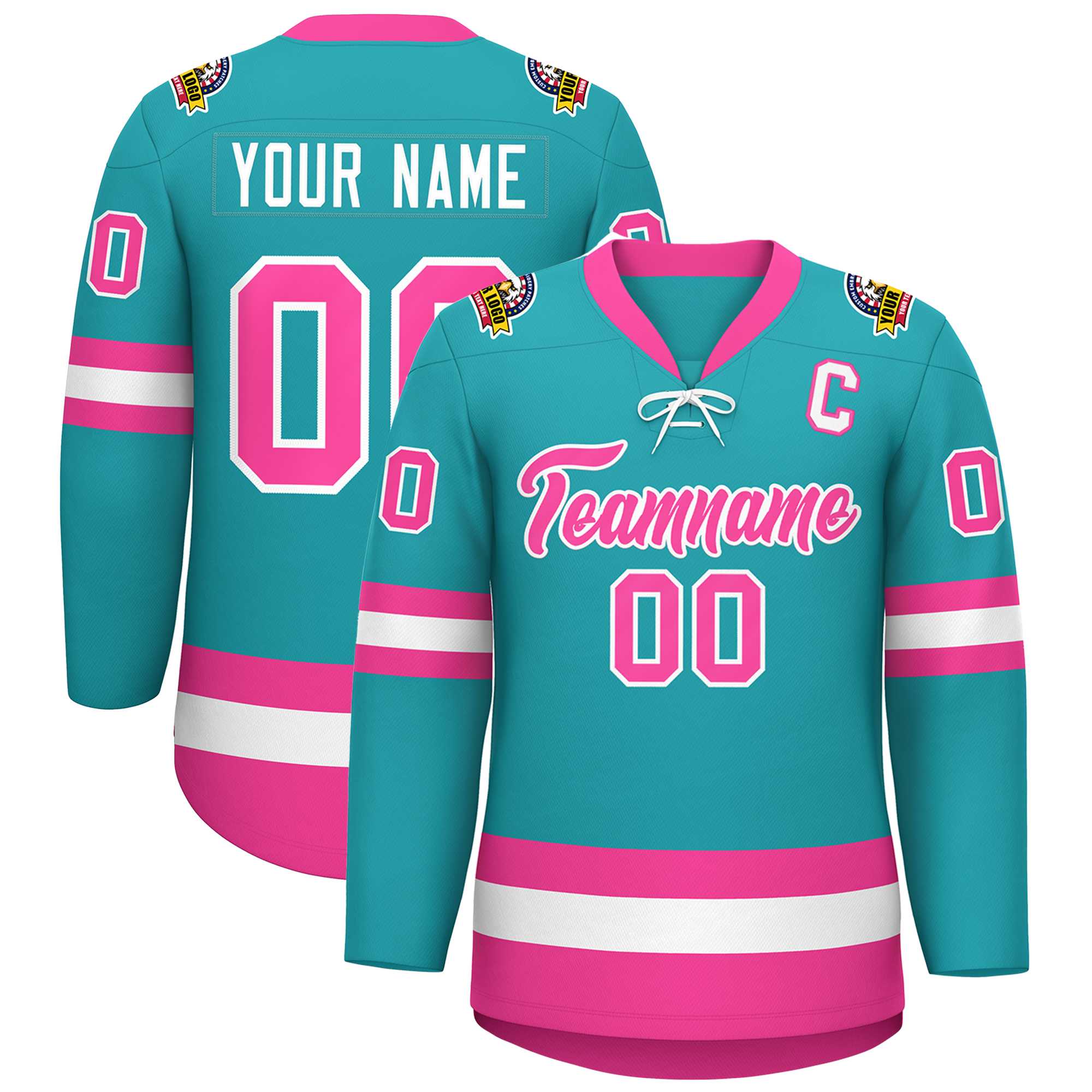 Custom Aqua Pink-White Lace-Up Neck Hockey Jersey | KXKSHOP