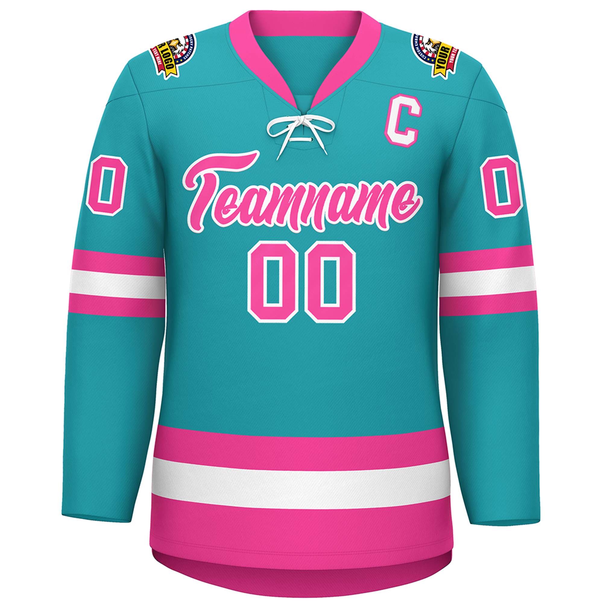 Custom Aqua Pink-White Lace-Up Neck Hockey Jersey | KXKSHOP