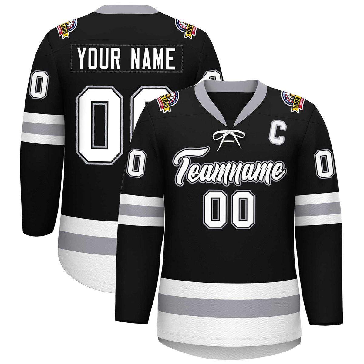 Custom Black White-Gray Lace-Up Neck Hockey Jersey | KXKSHOP