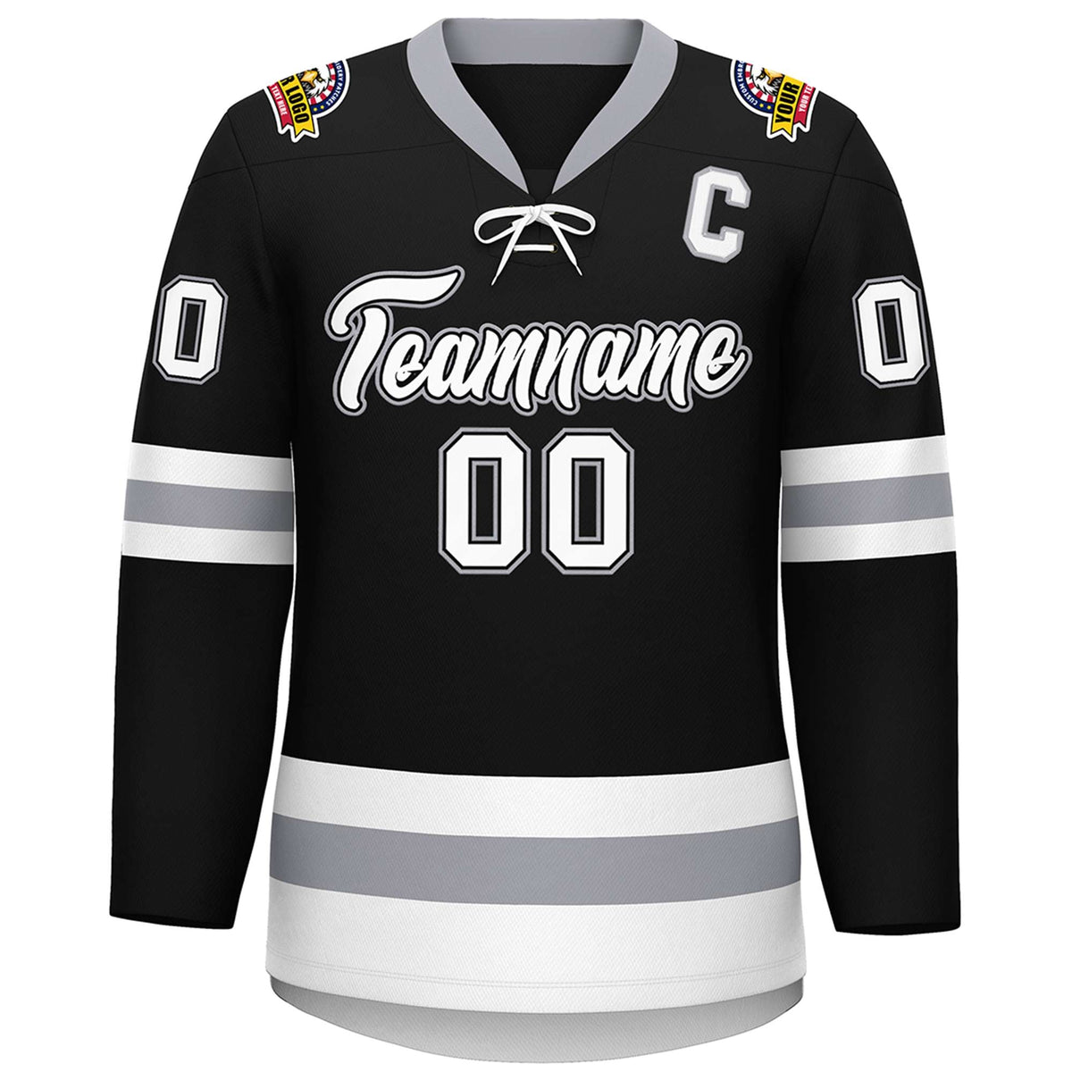 Custom Black White-Gray Lace-Up Neck Hockey Jersey | KXKSHOP